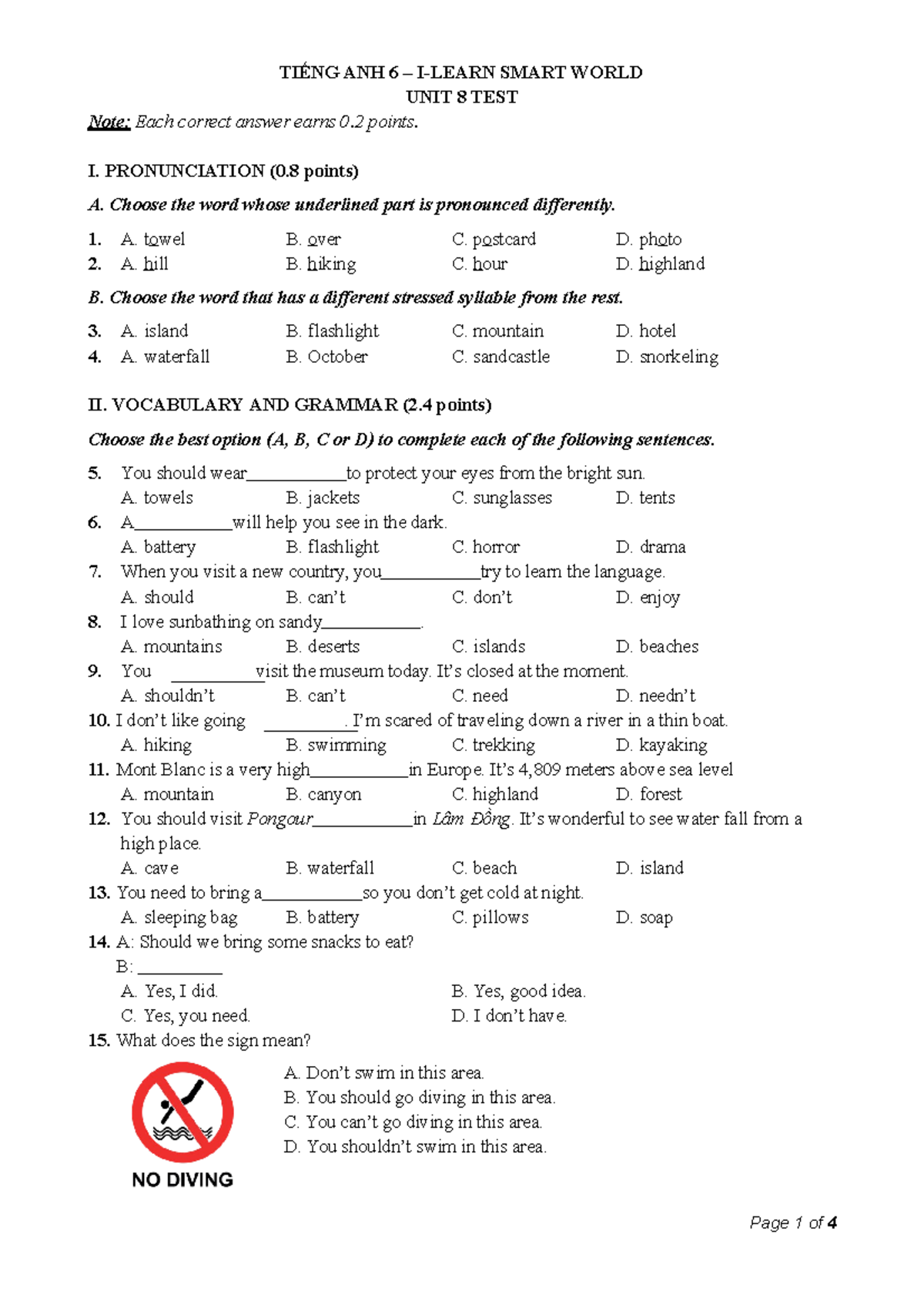 Tiếng Anh 6 Smart World Unit 8 Test - Page 1 of 4 TIẾNG ANH 6 – I-LEARN ...