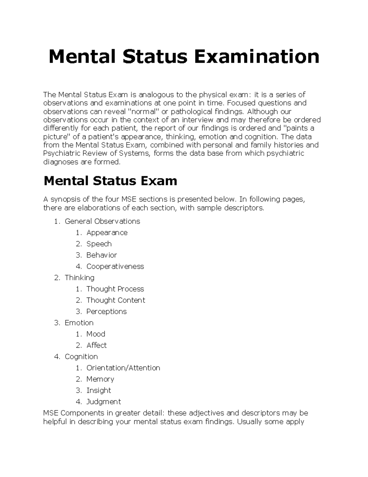 Mental Status Examination - Focused Questions And Observations Can ...