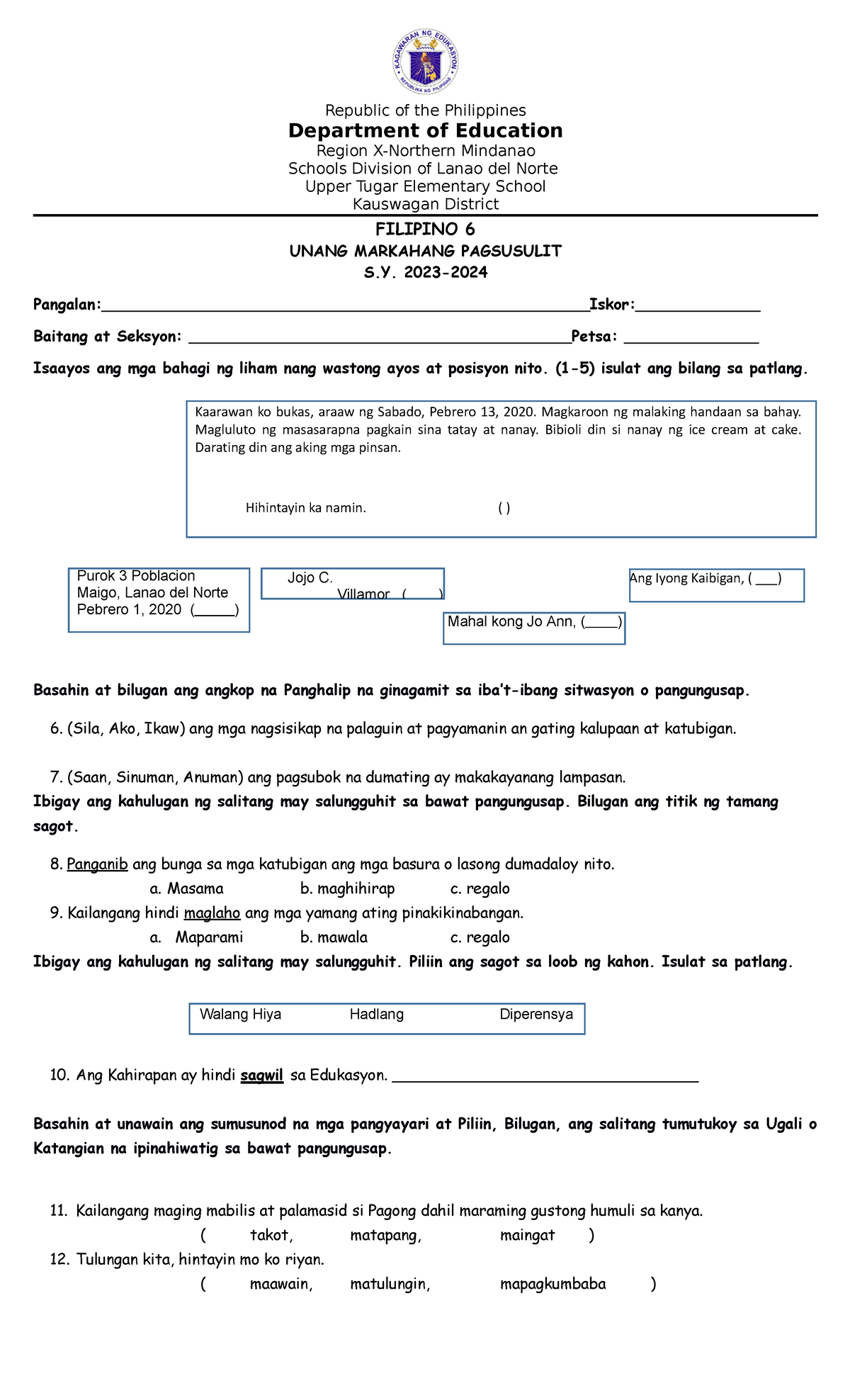 Filipino 6-Q1 EXAM - 1ST PERIODICAL EXAM - Kaarawan ko bukas, araaw ng ...