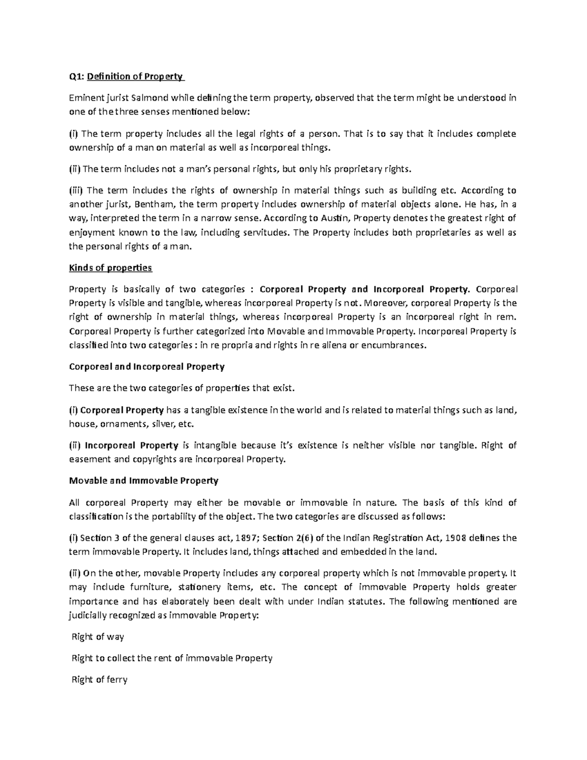 Definition of Property Q1 Definition of Property Eminent jurist Salmond while defining the