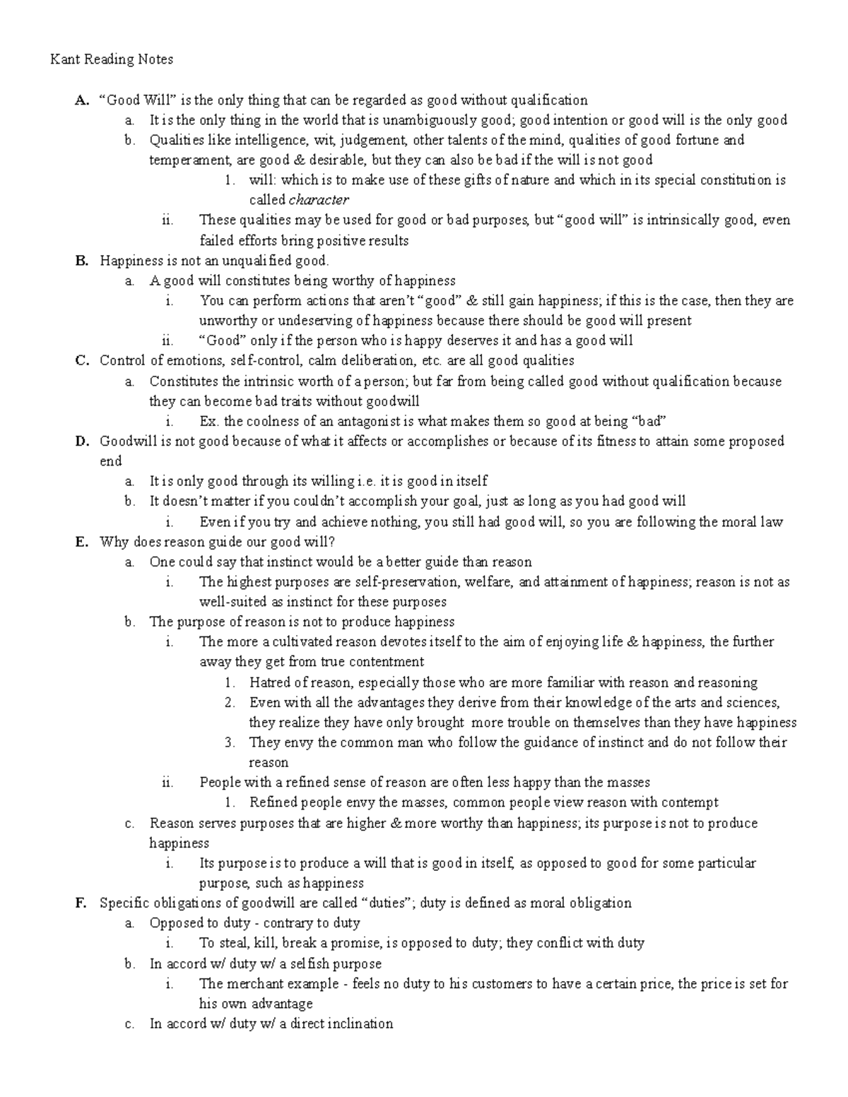 Exam 2 Study Guide - Kant Reading Notes A. “Good Will” is the only ...