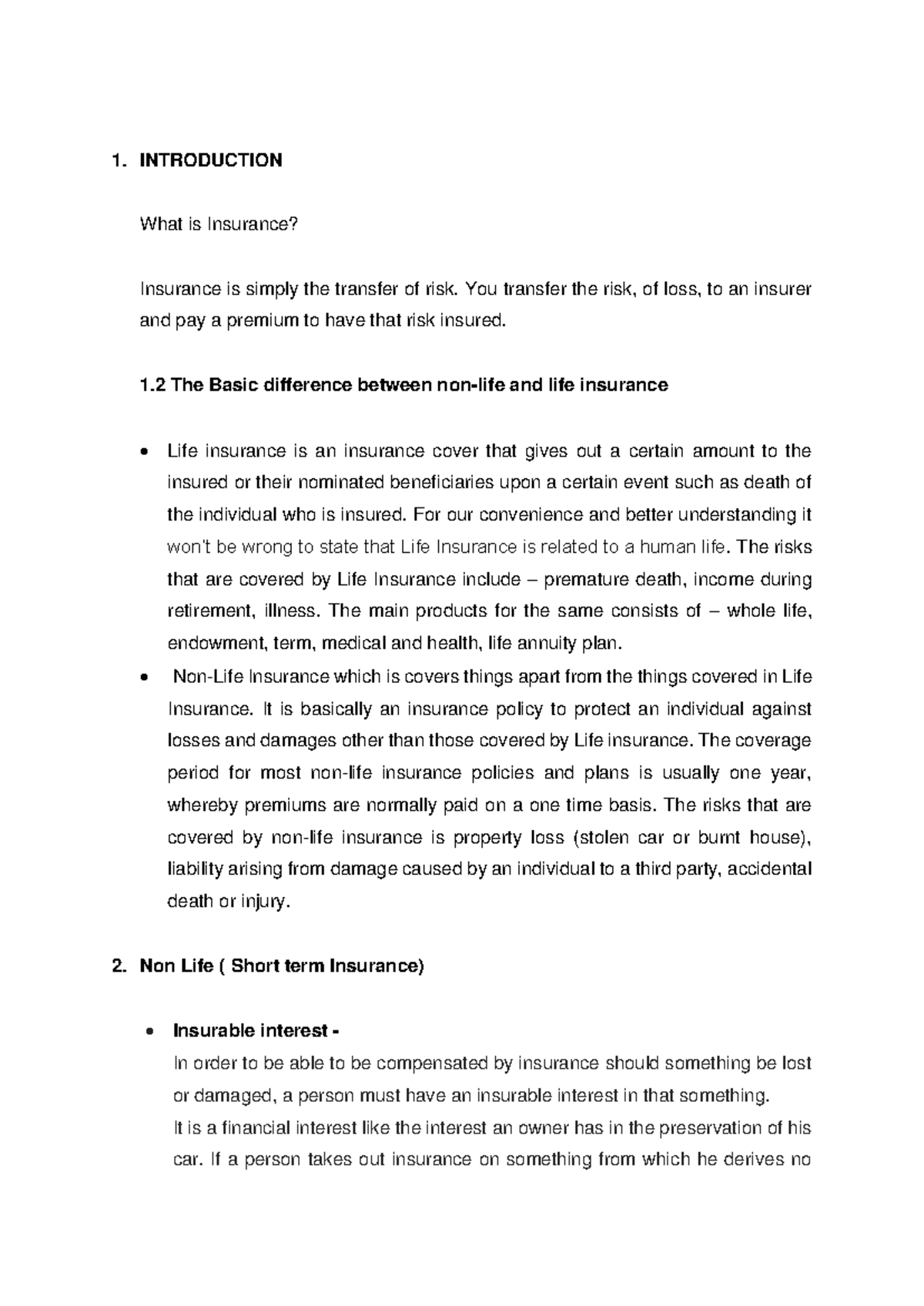 Insurance - 1. INTRODUCTION What is Insurance? Insurance is simply the ...