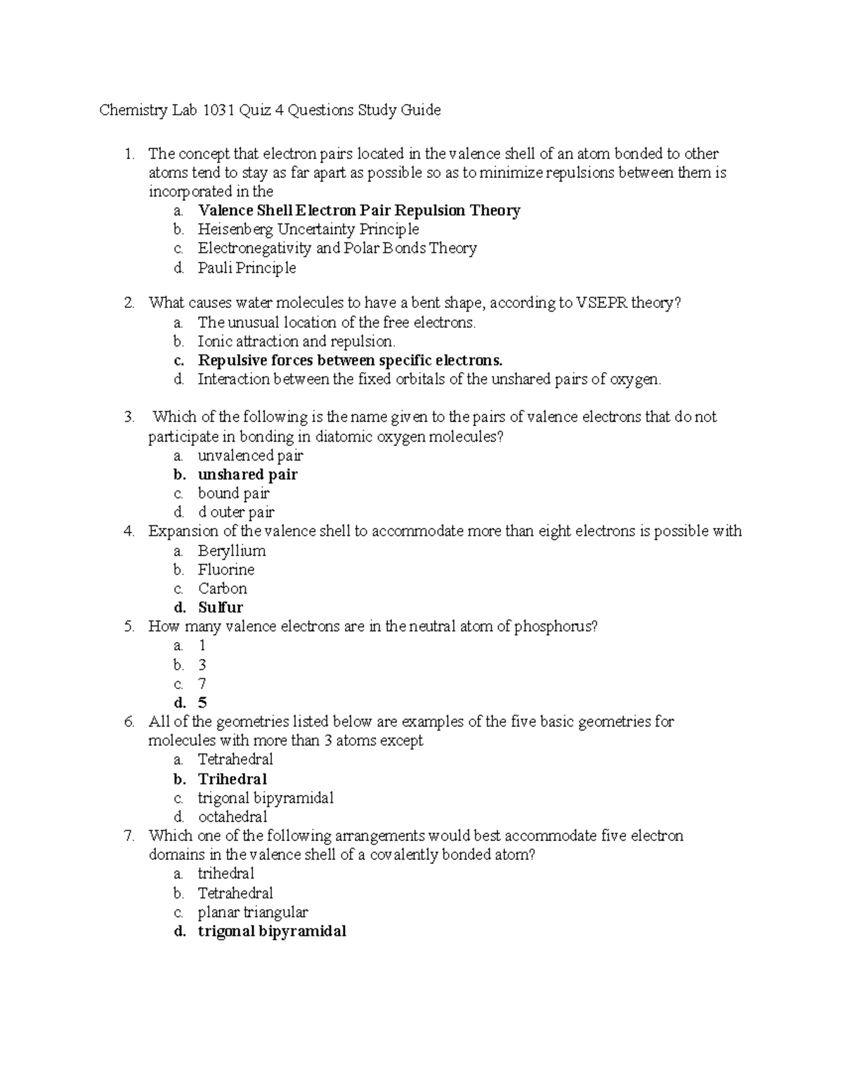 Chemistry Lab 1031 Pre Lab Quiz 4Study Guide Chemistry Lab 1031 Quiz
