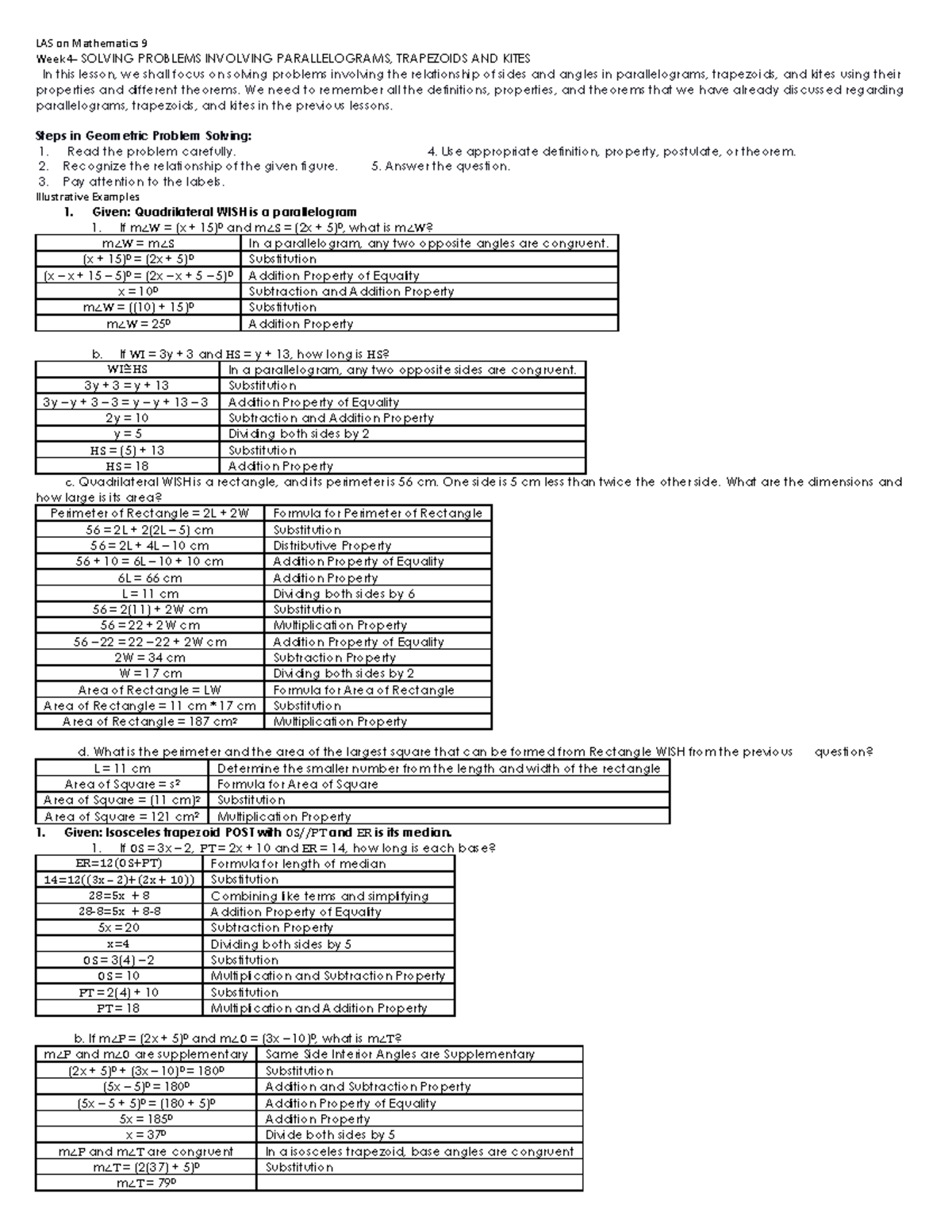 Solving Problems Involving Parallelograms, Trapezoids AND Kites LAS on Mathematics 9 Week 4