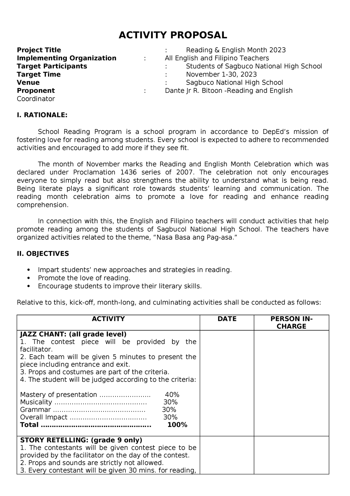 Activity Proposal Activity Proposal Project Title Reading And English Month 2023 Implementing