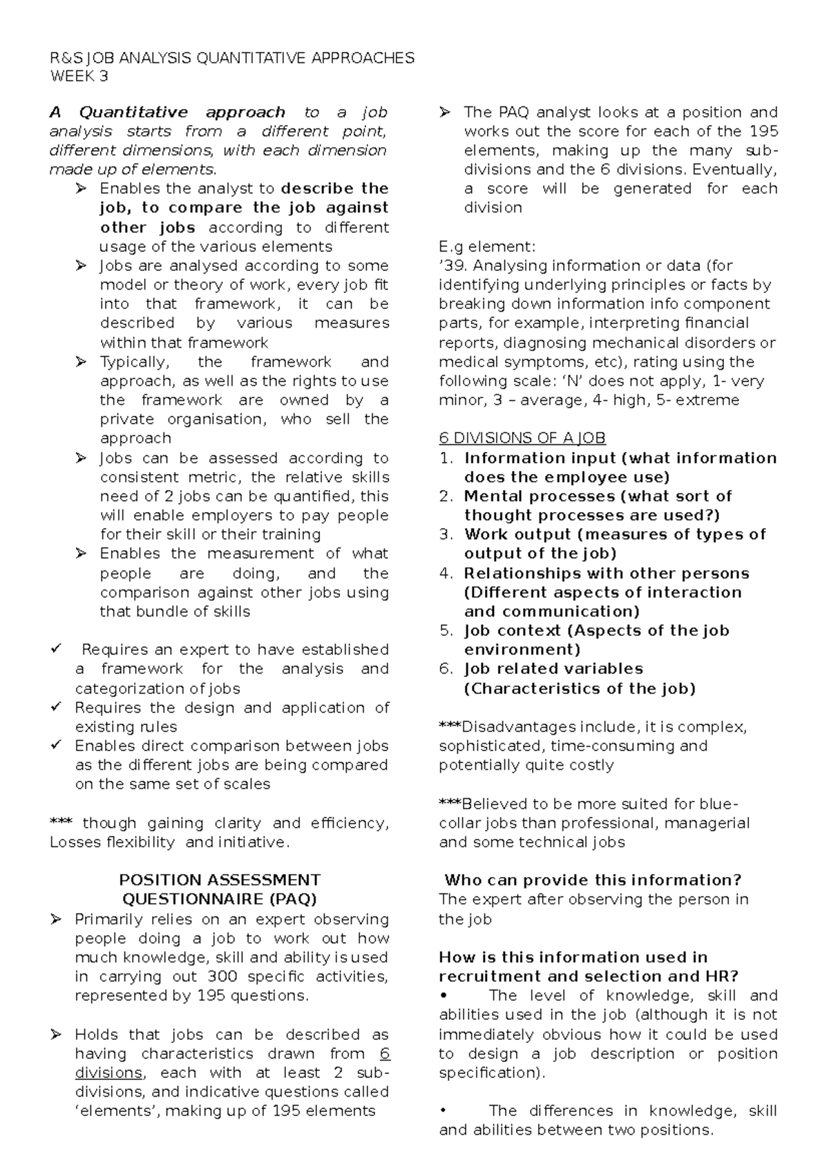R&S Quantitative Approaches WEEK 3 - R&S JOB ANALYSIS QUANTITATIVE ...