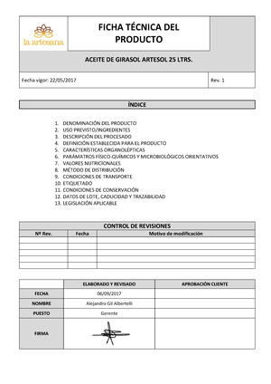 Aceite de girasol Artesol 25 ltros - PRODUCTO ACEITE DE GIRASOL ARTESOL 25  LTRS. Fecha vigor: 22/05/ - Studocu