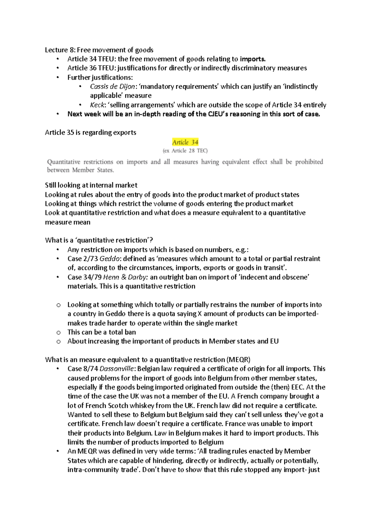 Lecture 8- Free movement of goods - Article 36 TFEU: justifications for ...