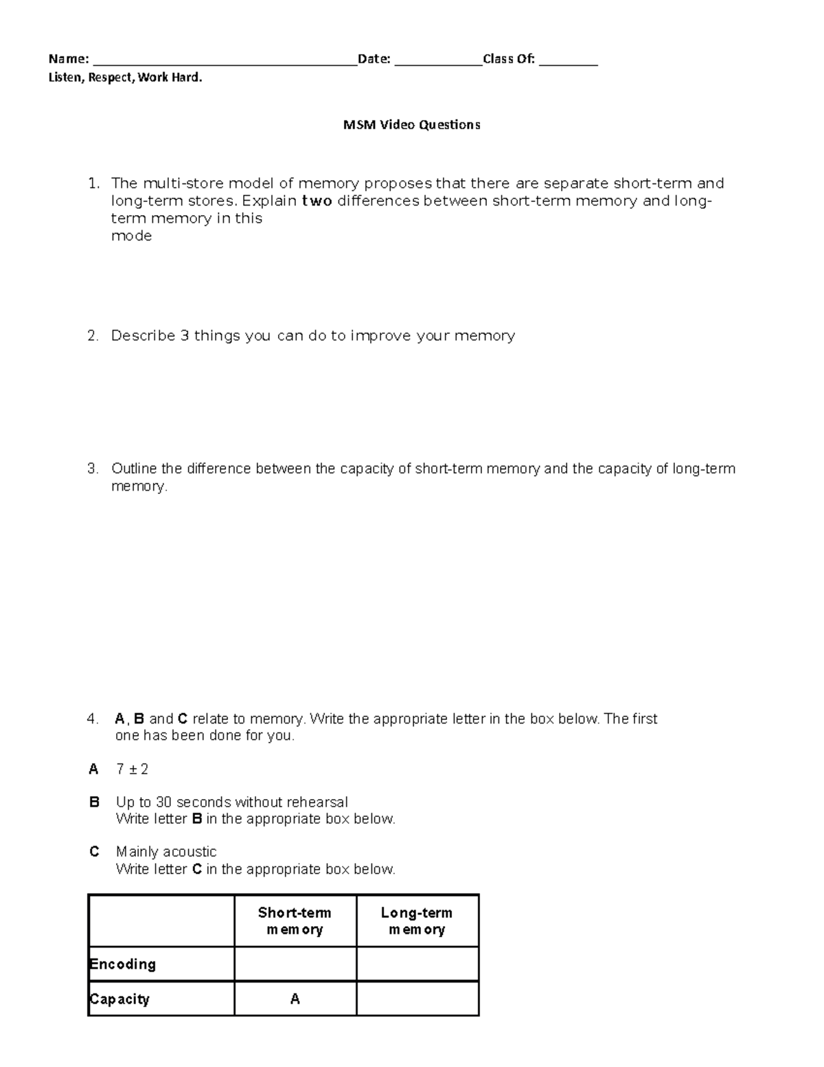 Multistore Memory Model Video Questions - Name ...