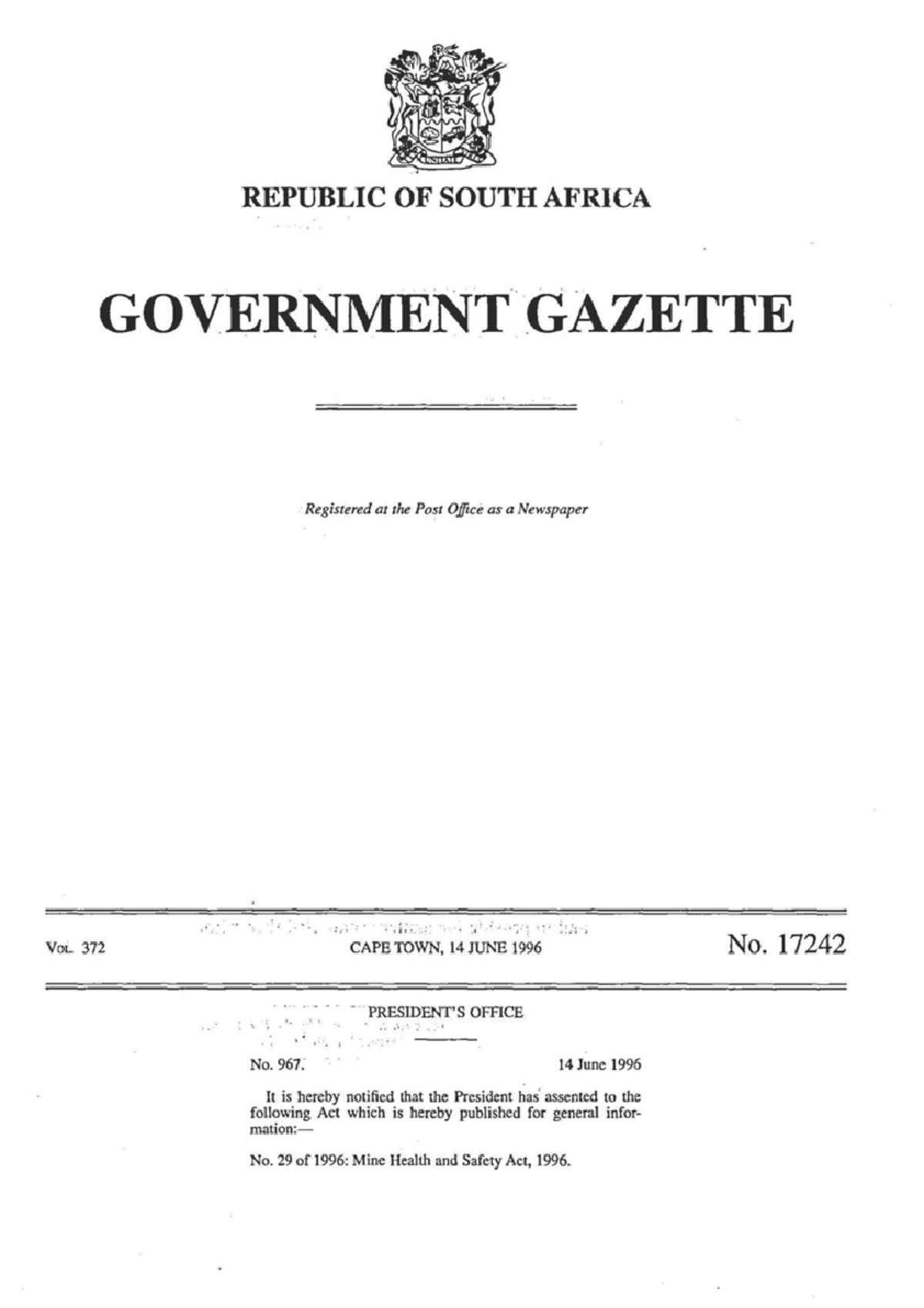 South African Act 29 of 1996 REPUBLIC OF SOUTH AFRICA GOVERNMENT