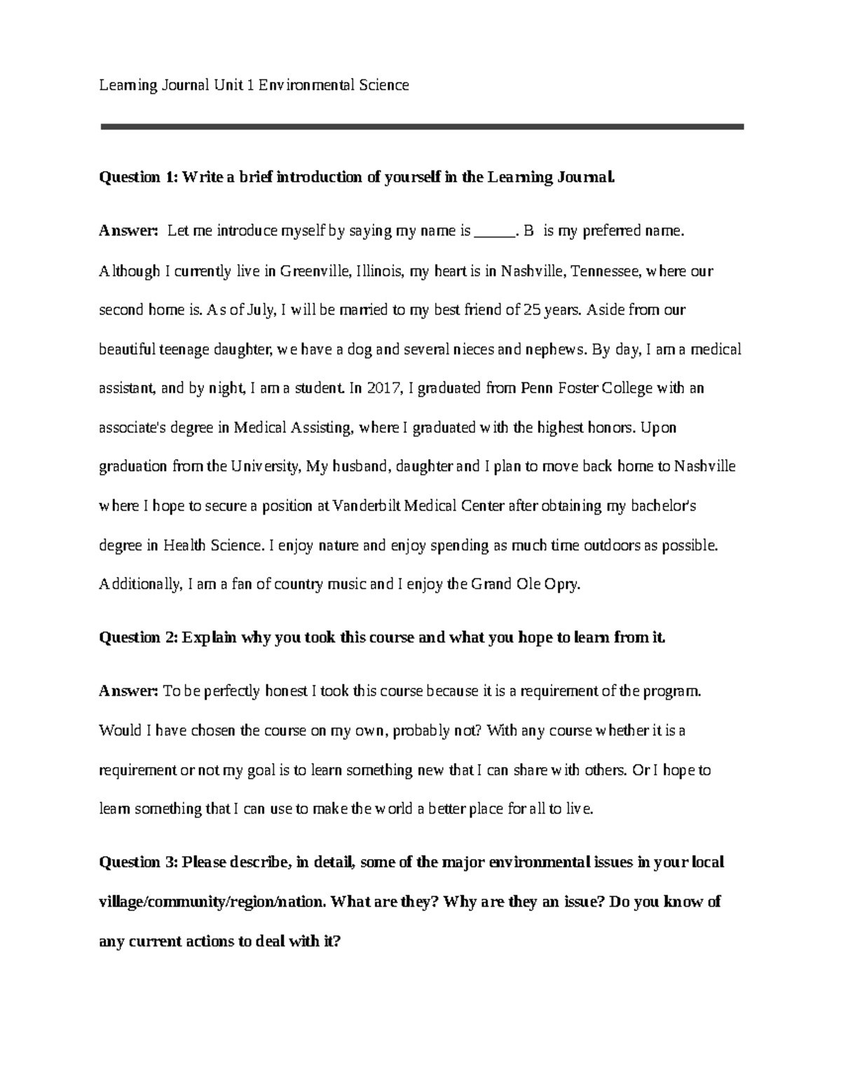 Environmental Science Learning Journal Unit 1 Google Docs Learning