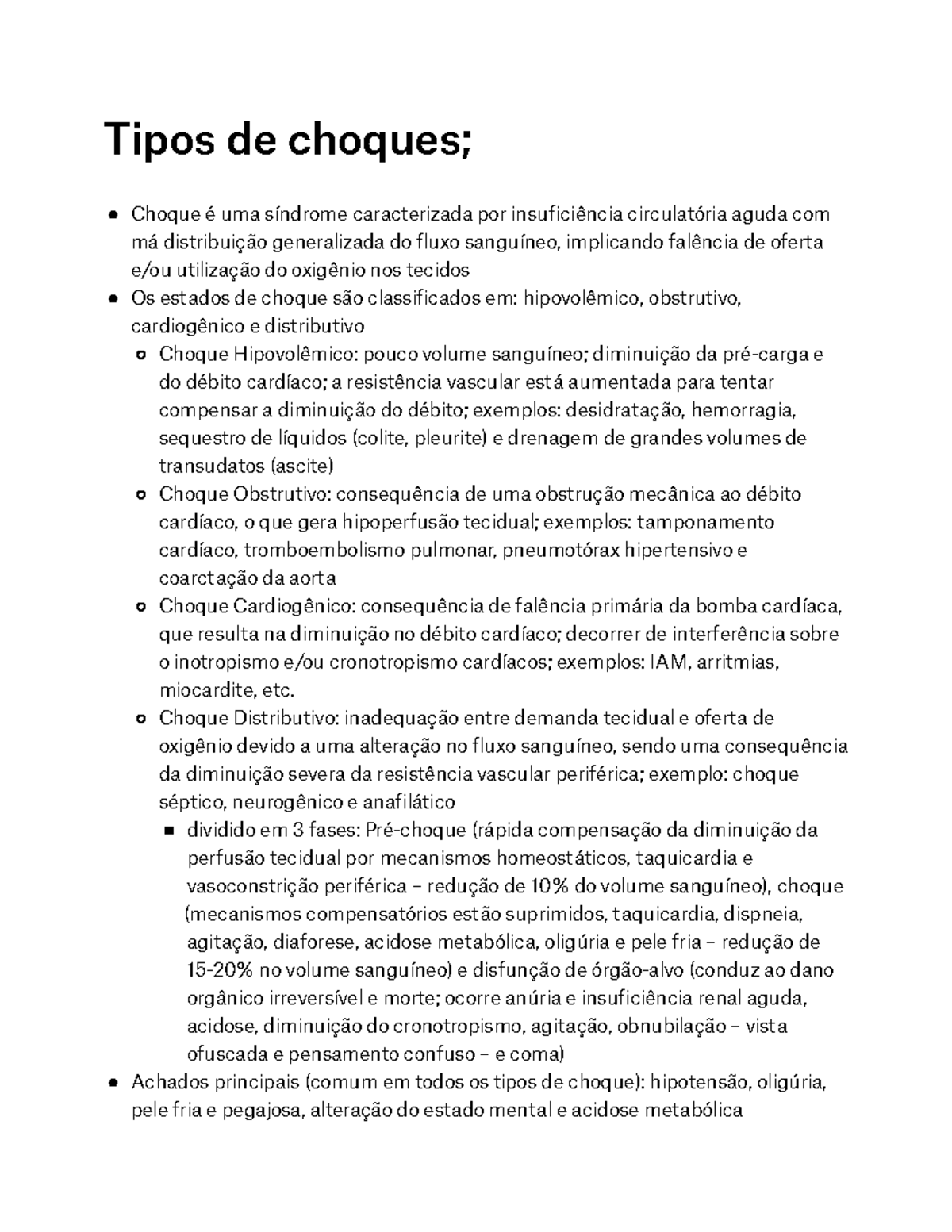 Tipos de choques; - Resumo Fisiopatologia da Doença - 7ed - Tipos de ...