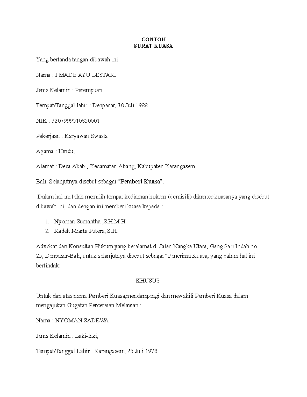 Contoh Surat Kuasa - CONTOH SURAT KUASA Yang bertanda tangan dibawah