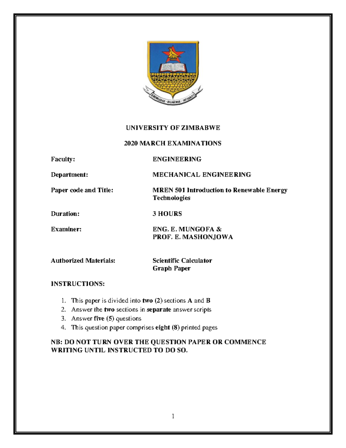 Exam 2 March 2020, questions - UNIVERSITY OF ZIMBABWE 2020 MARCH