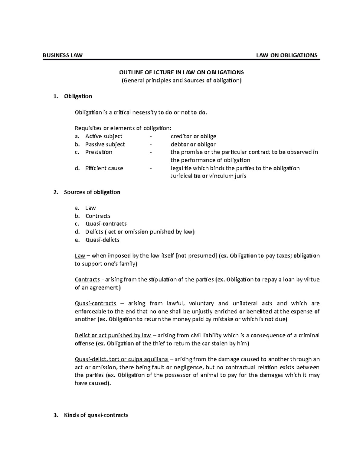 lecture note Law on Obligation-general principles - BUSINESS LAW LAW ON ...