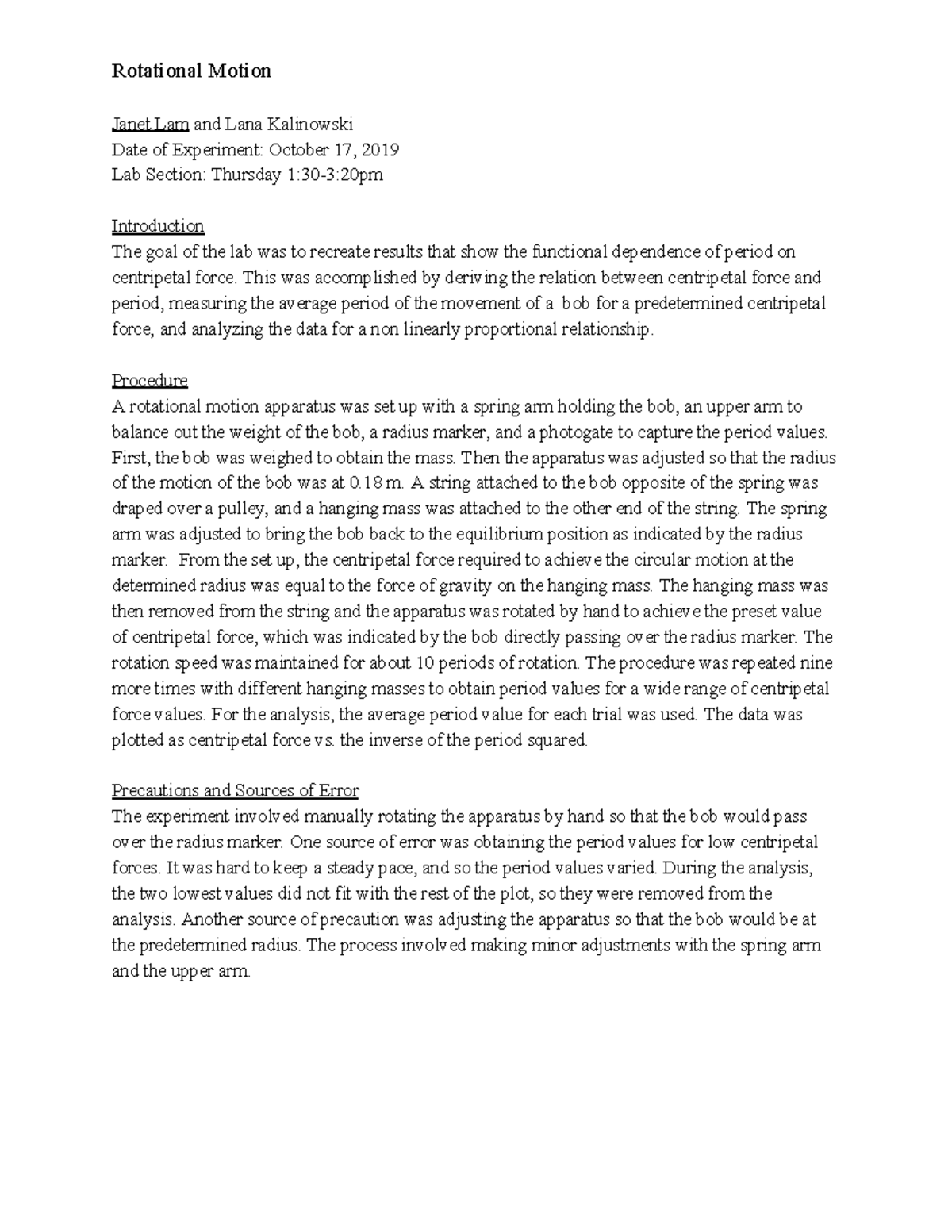 Physics Lab 7 - lab 7 - Rotational Motion Janet Lam and Lana Kalinowski ...
