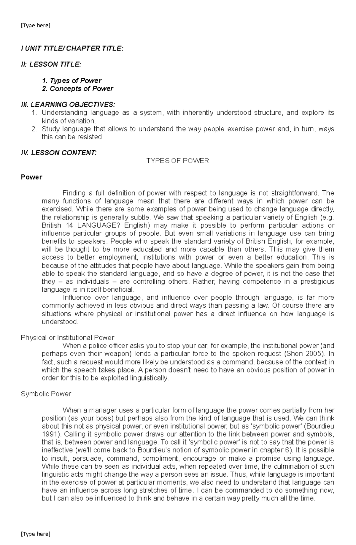 Language and Power Module 2 - [Type here] I UNIT TITLE/ CHAPTER TITLE ...