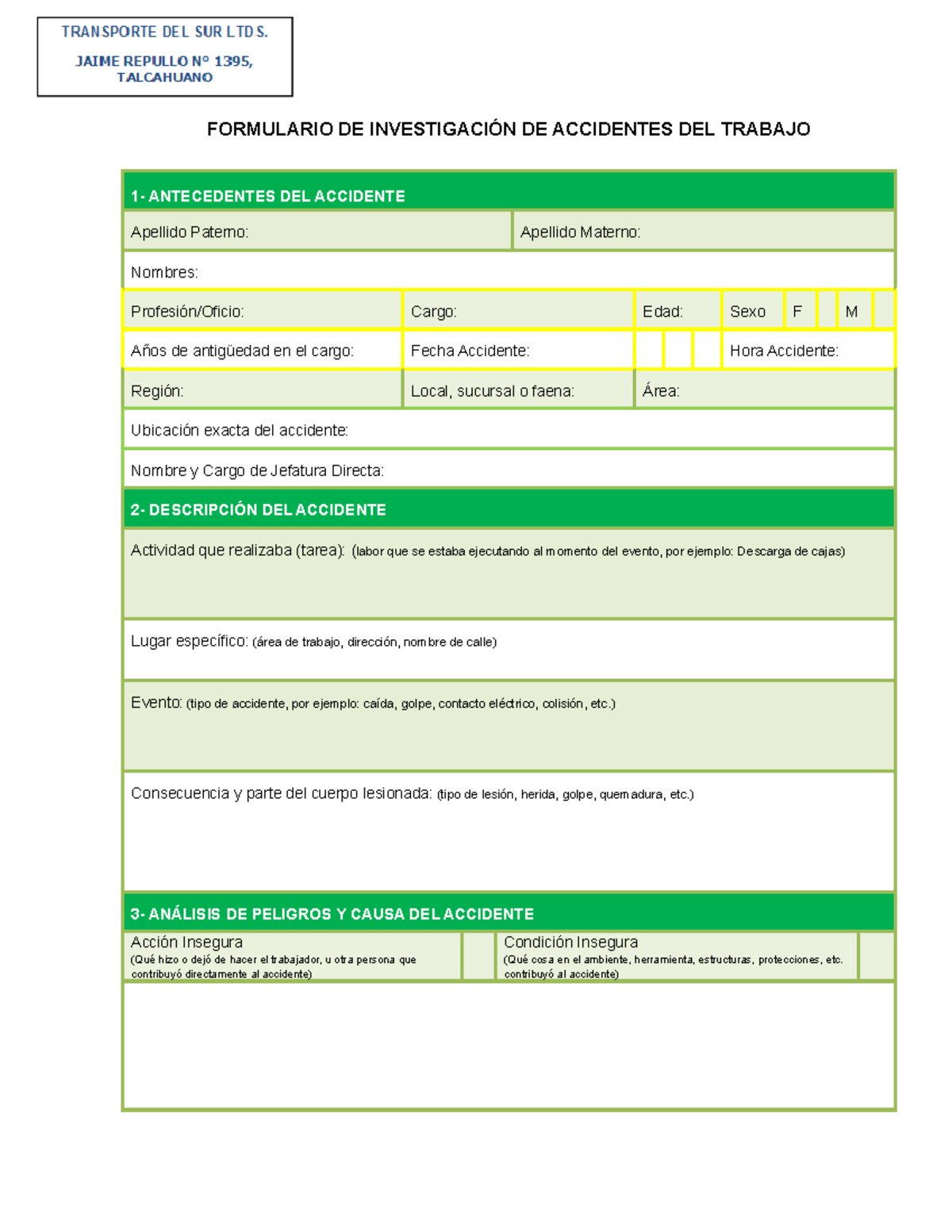 Formulario Investigacion Accidentes Trabajo Formulario De