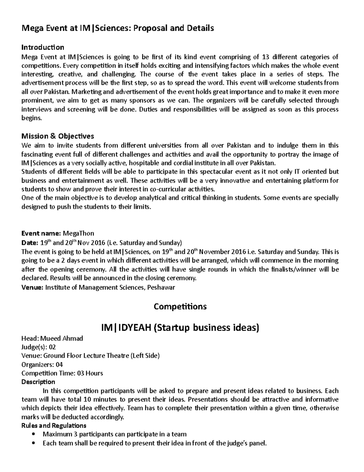 Mega Thon Proposal for IMS - Mega Event at IM|Sciences: Proposal and ...
