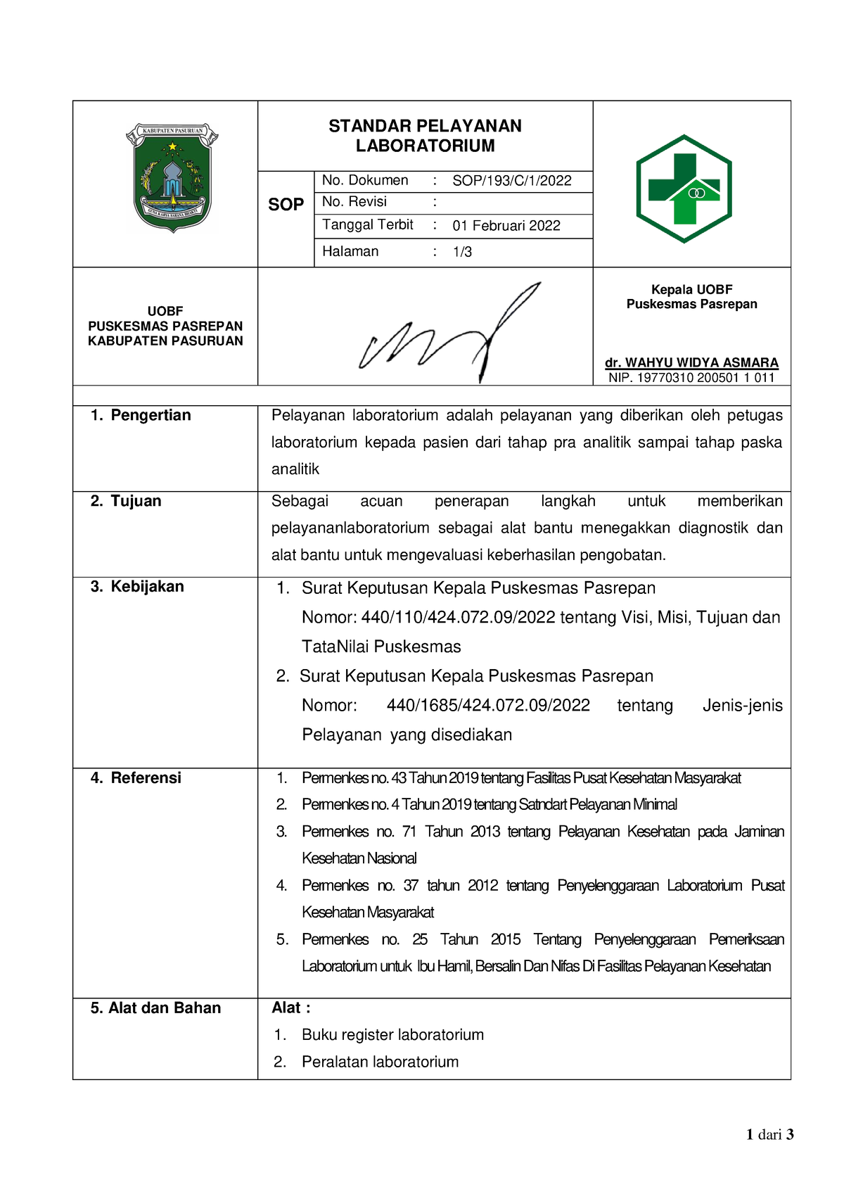 14 SOP LAB - Sop - 1 Dari 3 STANDAR PELAYANAN LABORATORIUM SOP No ...