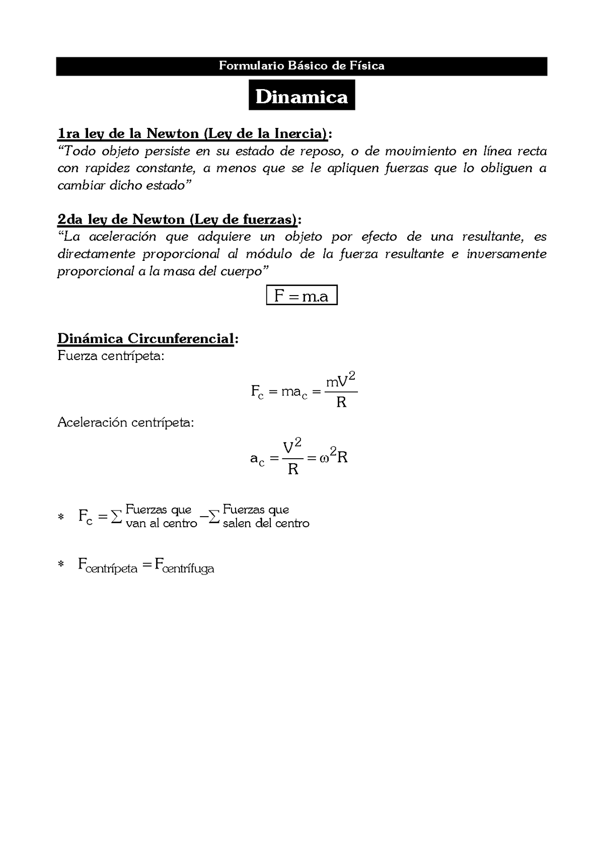 Formulas-de-Dinamica - Formulario B·sico De FÌsica Dinamica 1ra Ley De ...