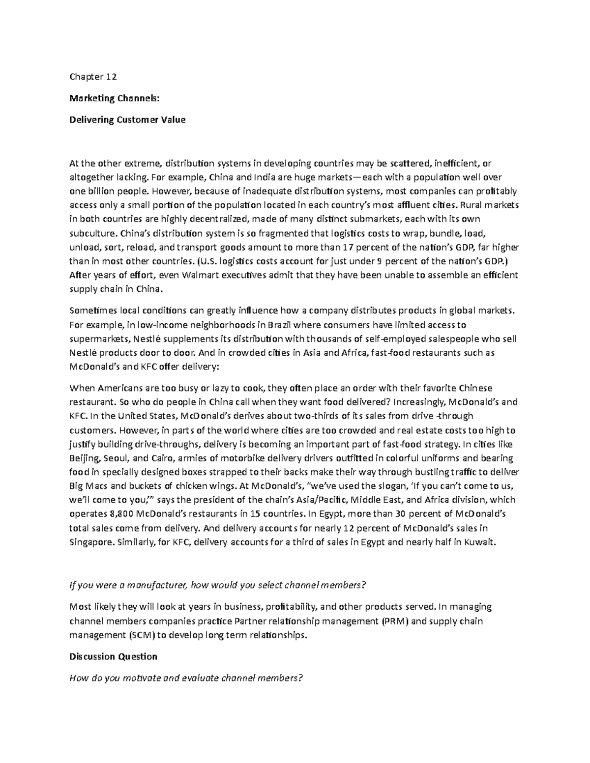 Chapter 12i - Lecture notes 12 - Chapter 12 Marketing Channels ...