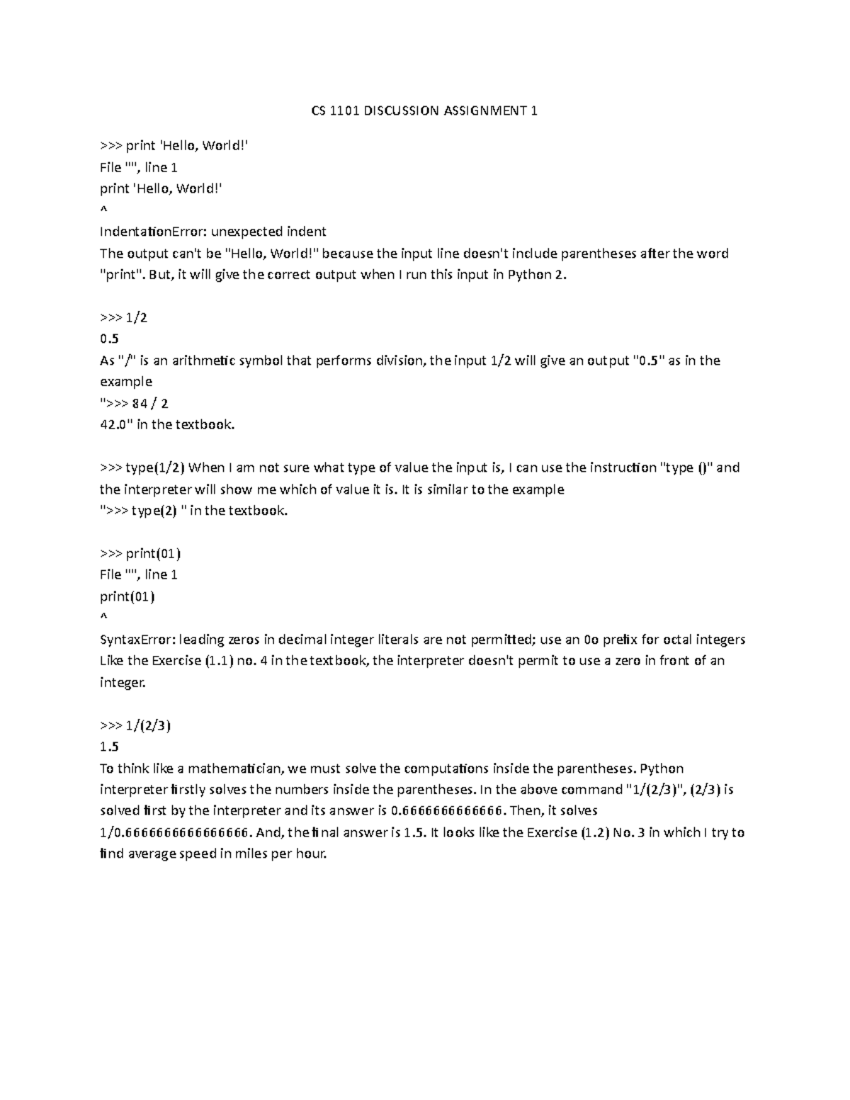 CS 1101 Discussion Assignment 1 Programming Fundamentals - CS 1101 ...