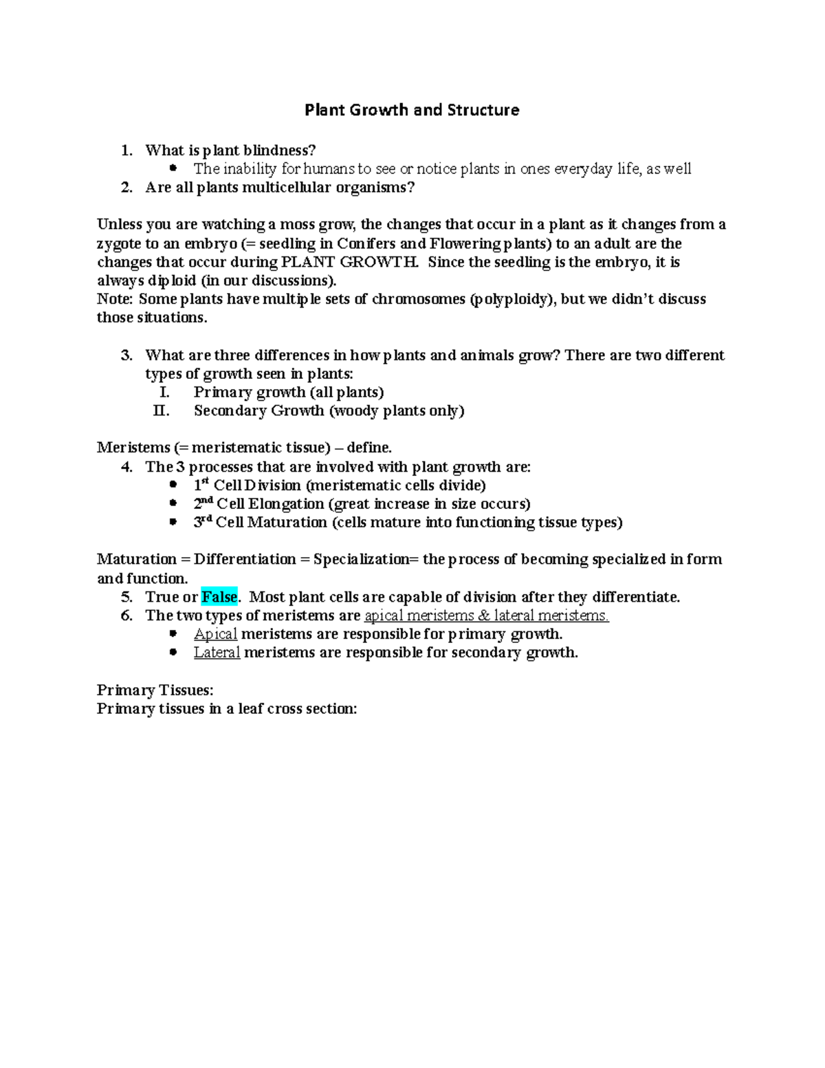 4 Study Guide Plant Growth Structure - Plant Growth and Structure What