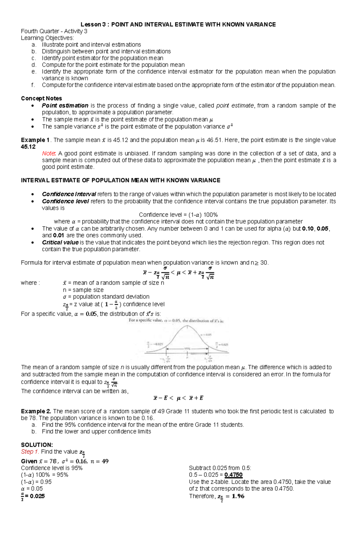 Fourth Quarter Activity 3 - Lesson 3 : POINT AND INTERVAL ESTIMATE WITH ...