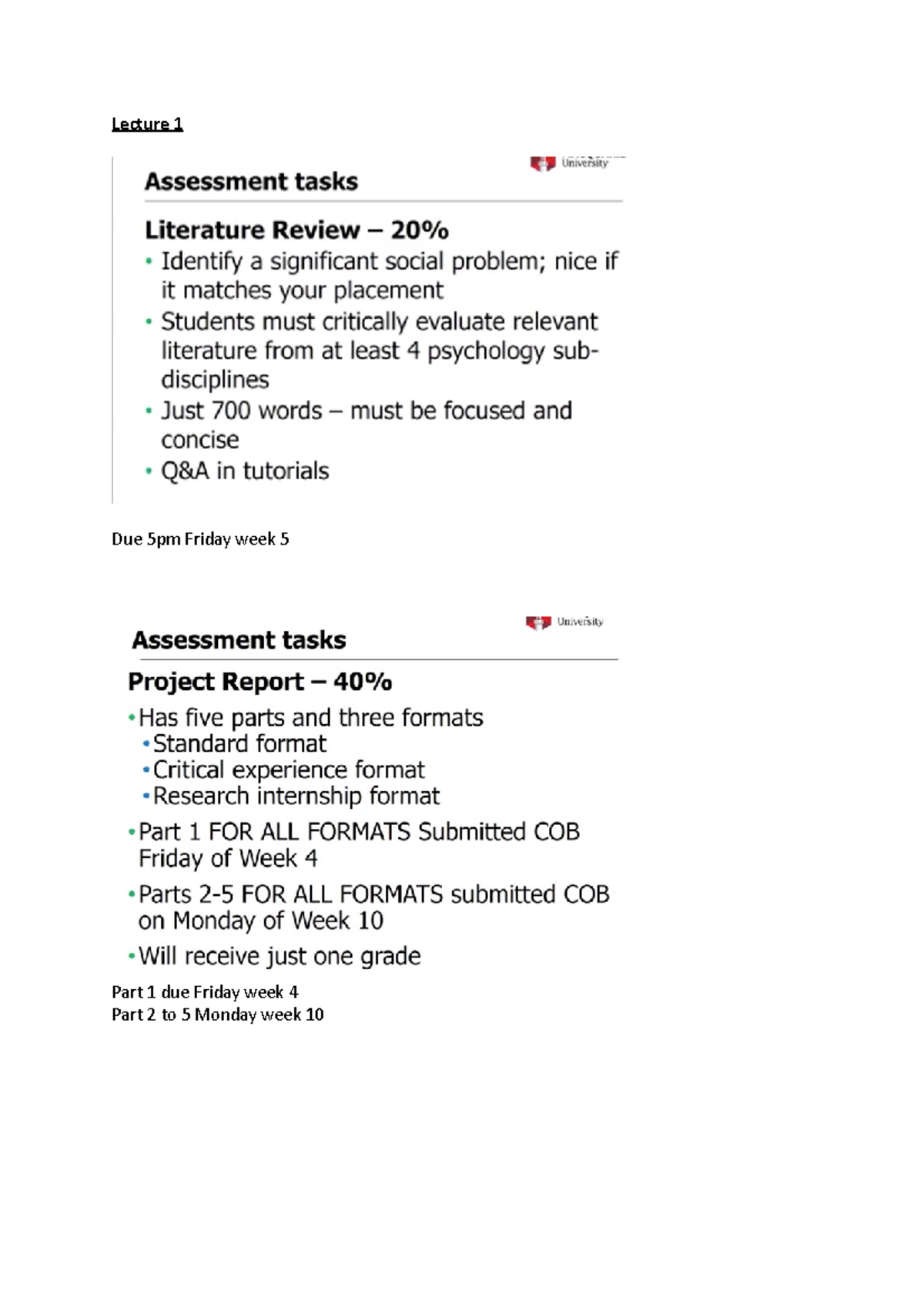 PSYU3339 UNIT Notes - Lecture Due 5pm Friday week Part 1 due Friday ...
