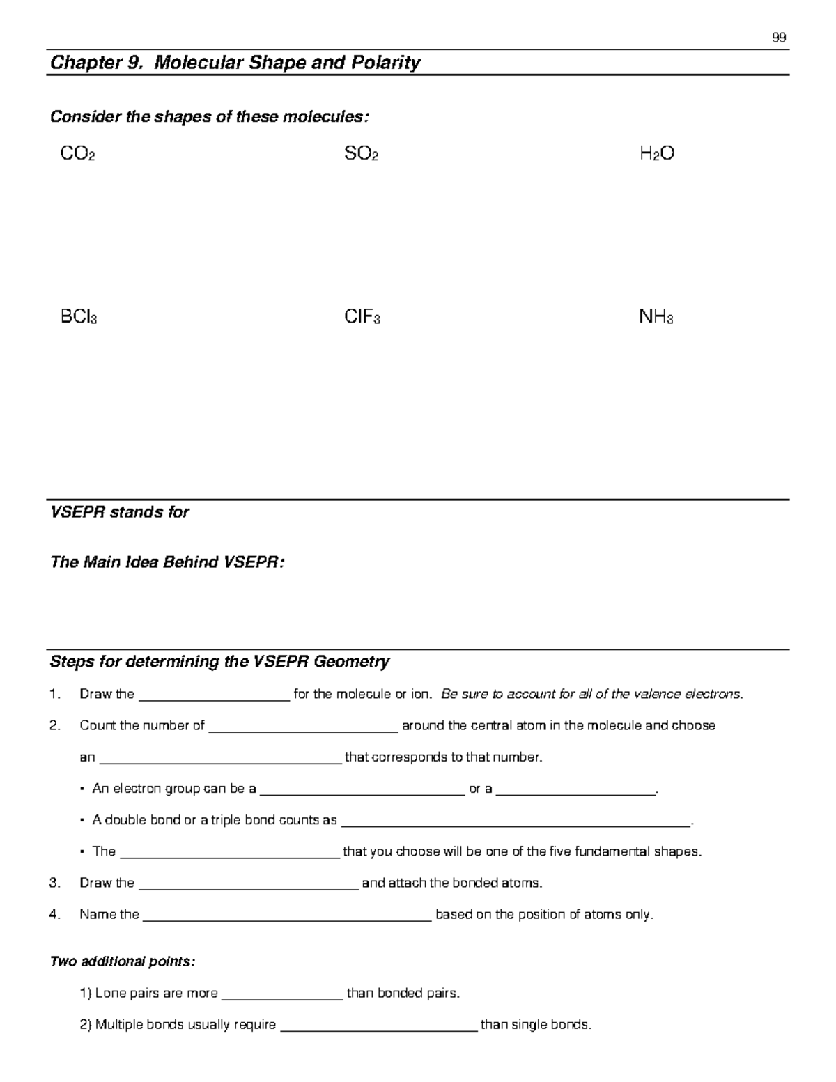 CHEM 1411 Ch 9 Lecture Notes Blank - Chapter 9. Molecular Shape and ...