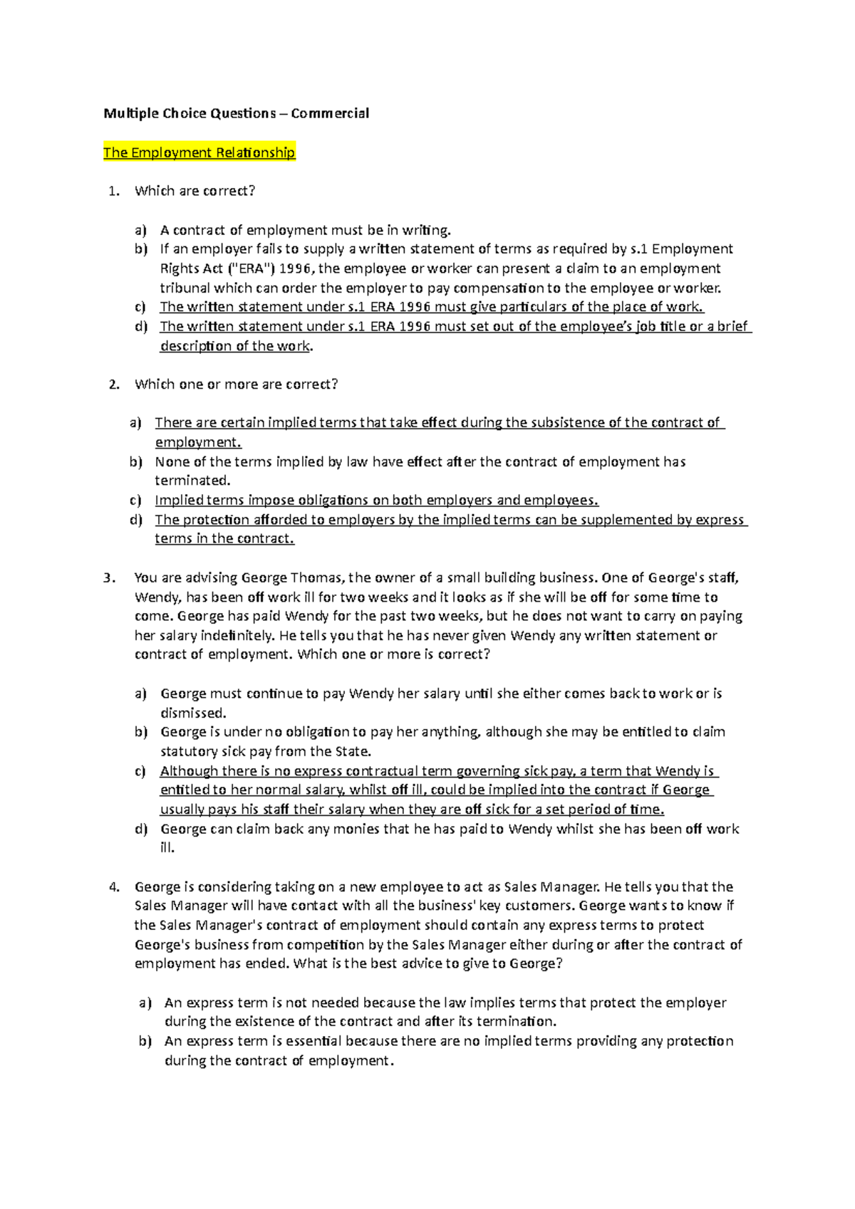 Multiple Choice Questions Which Are Correct A A Contract Of Employment Must Be In Writing B Multiple Choice Questions Which Are Correct A A Contract Of Employment Must Be In Writing B
