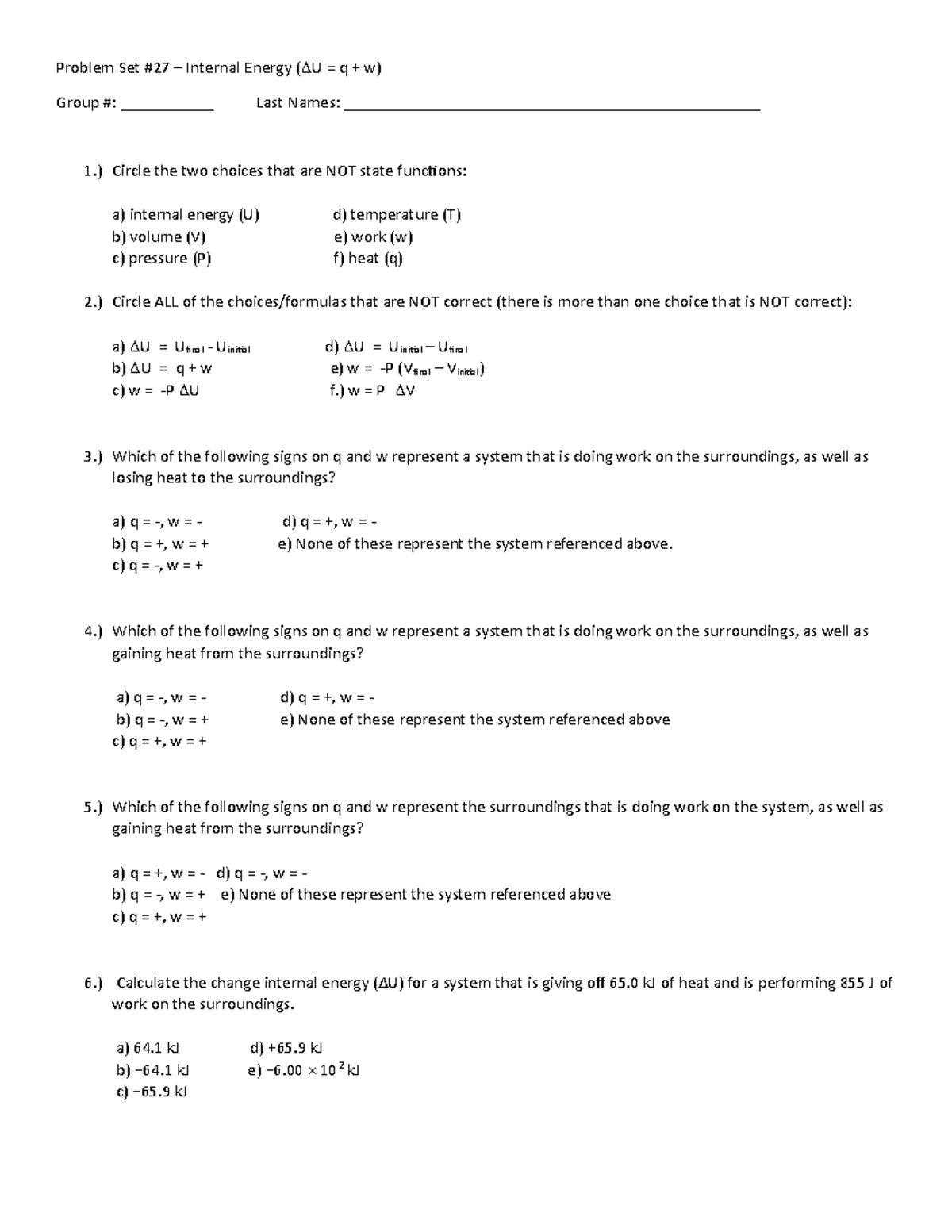 Problem+Set+%2327 - Problem Set #27 – Internal Energy (DU = q + w ...