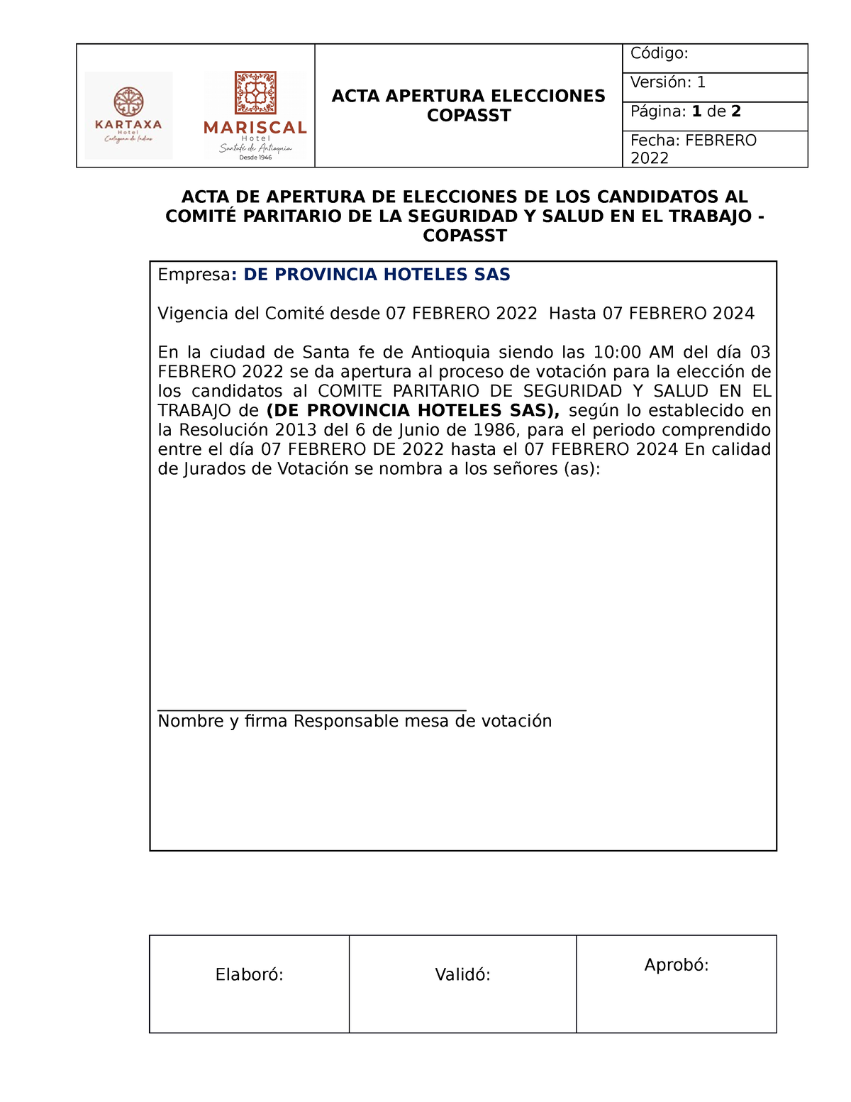 Formato Acta De Apertura Elecciones Al Copasst Acta Apertura