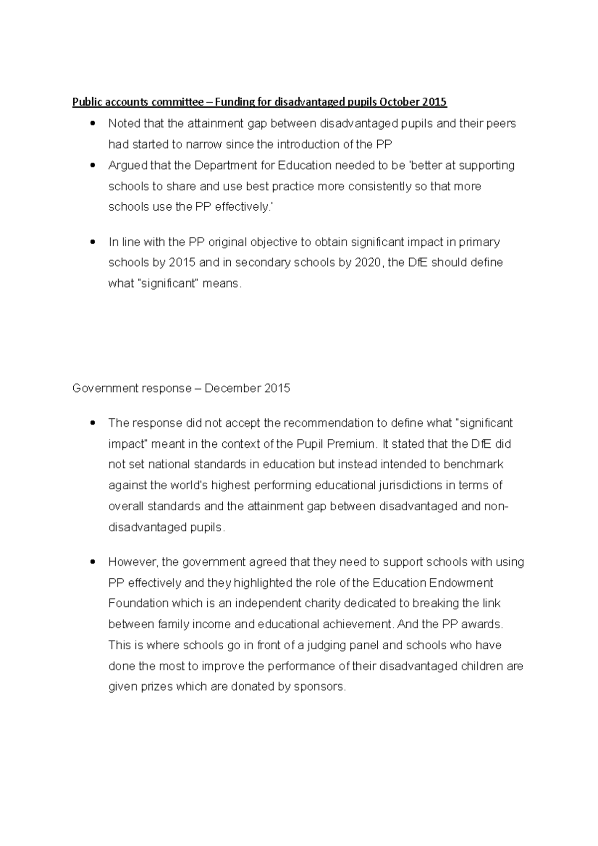 Presentation notes Public accounts committee Funding for disadvantaged pupils October 2015