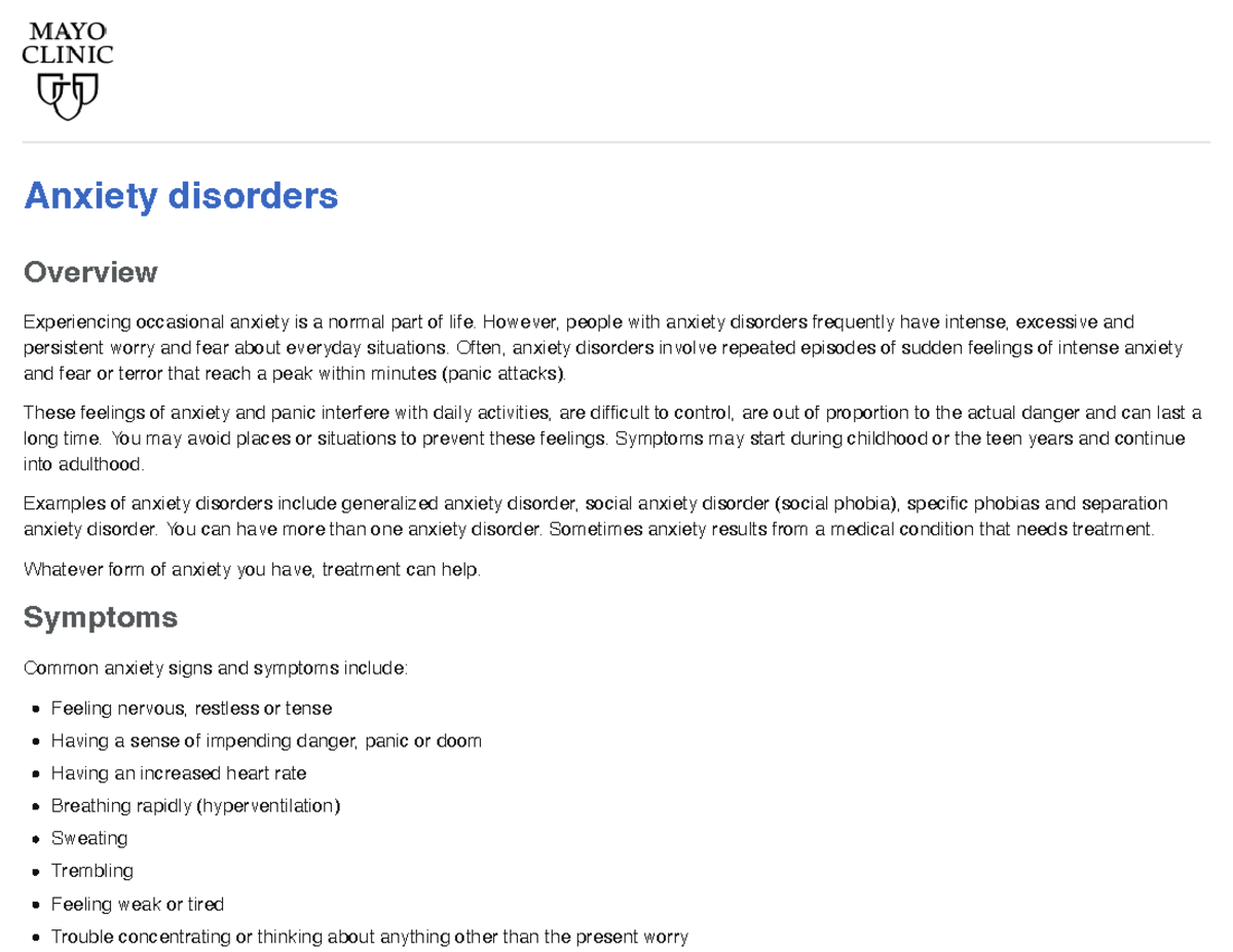 Symptoms and causes Mayo Clinic Anxiety disorders Overview