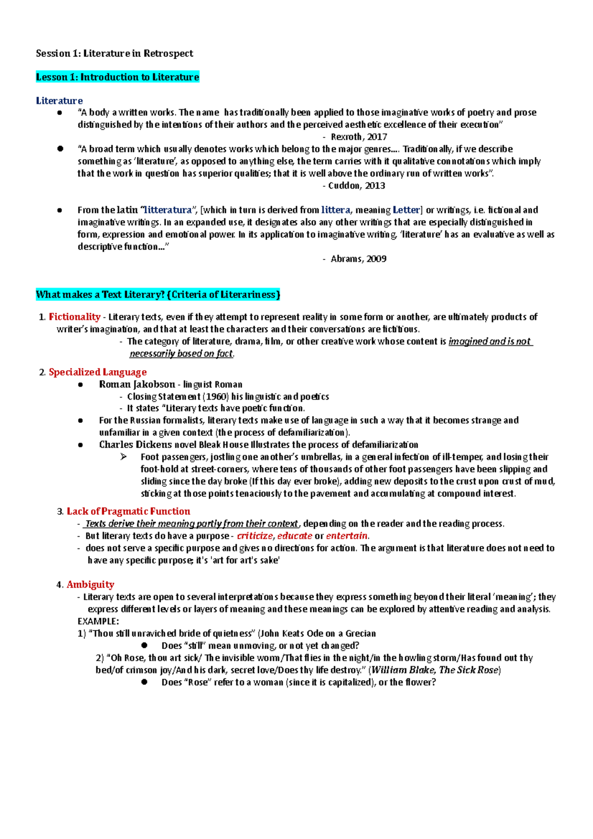 Lesson 1 Notes - Session 1: Literature in Retrospect Lesson 1 ...