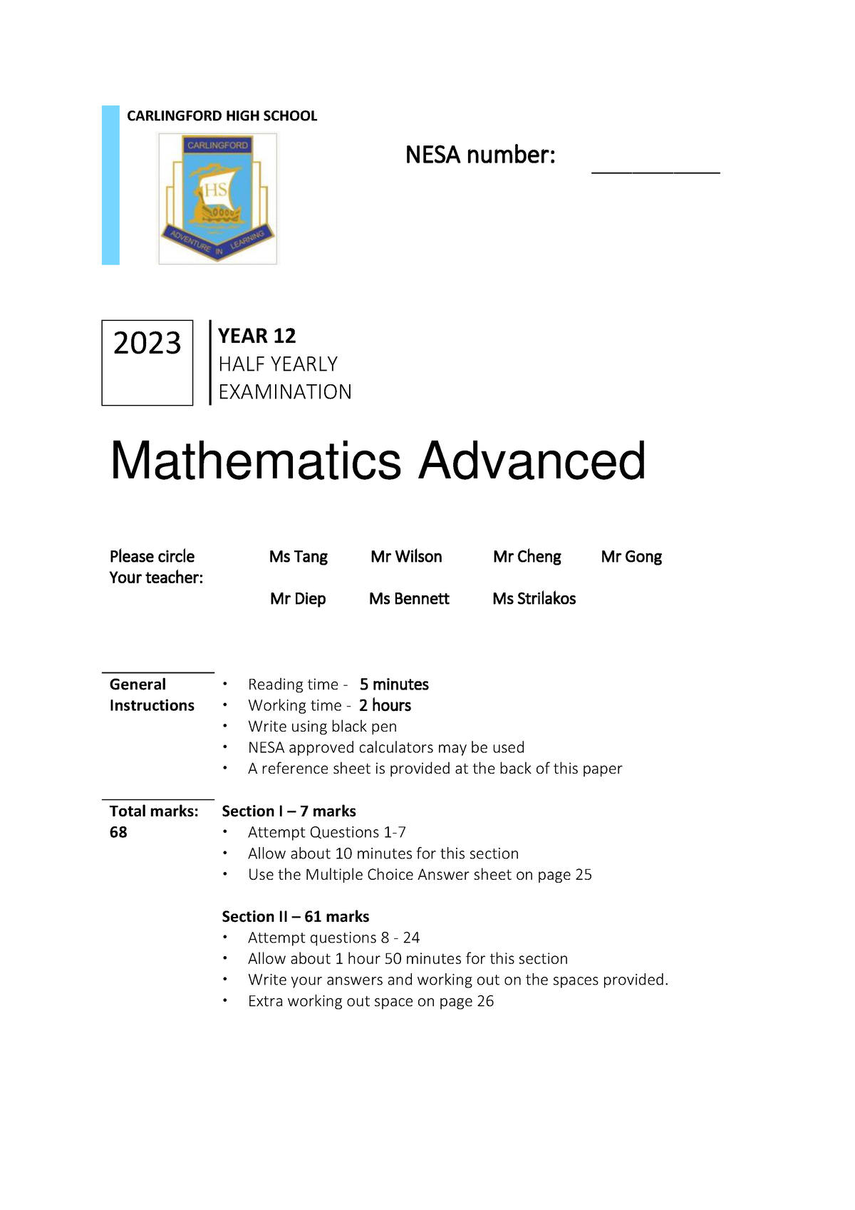 2023 Yr12 ADV HY exam final with solutions - CARLINGFORD HIGH SCHOOL ...