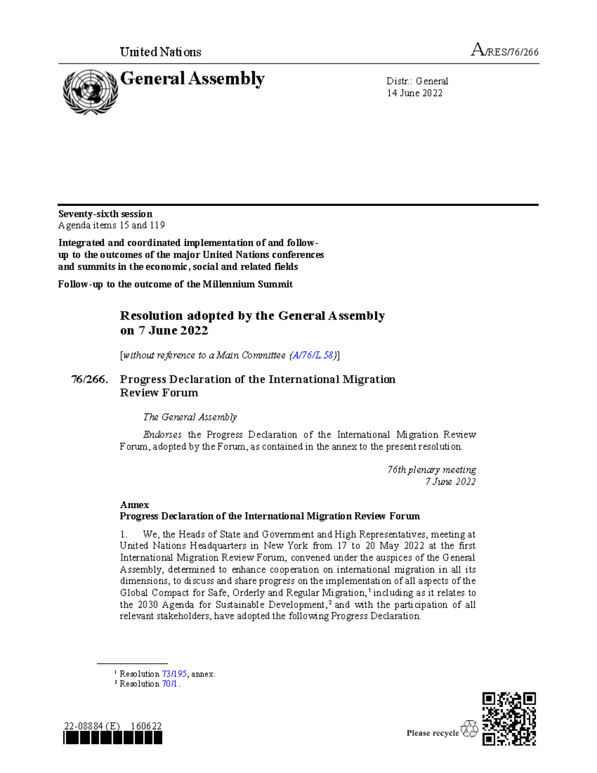 First Helpful notes United Nations A/RES/76/ General Assembly Distr