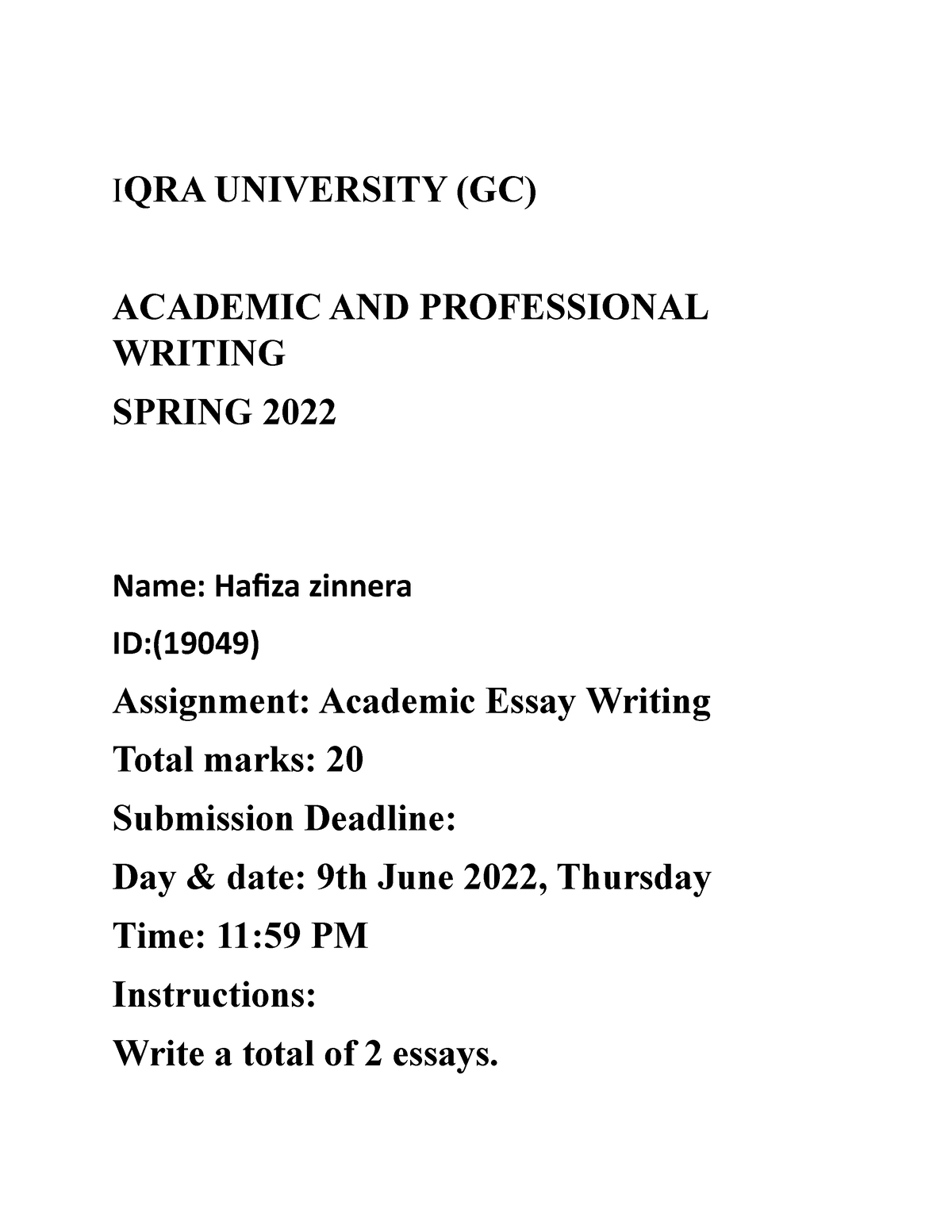 iqra university assignment front page