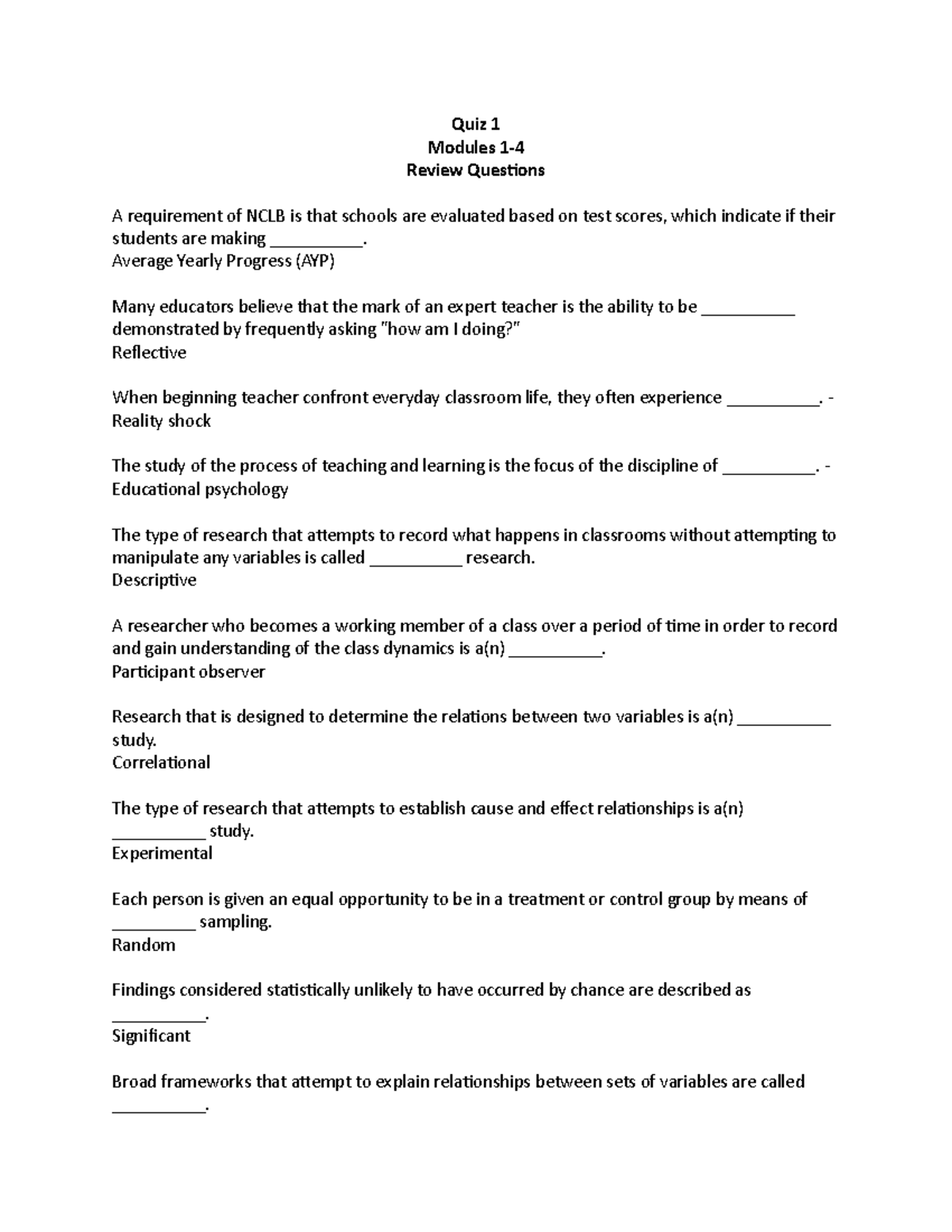 Quiz 1 - Modules 1-4 - Review Questions - Quiz 1 Modules 1- Review ...