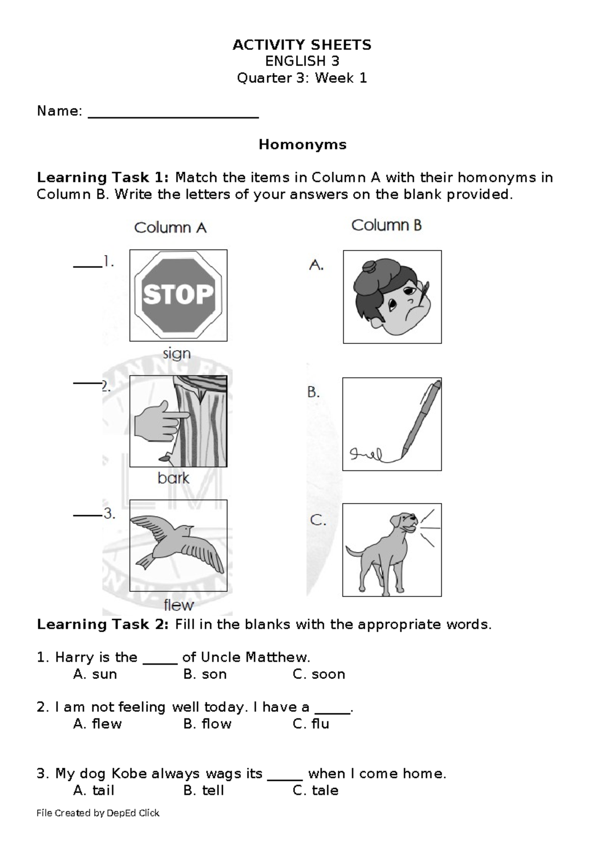 English 3 Activity Sheet Q3 W1 - ACTIVITY SHEETS ENGLISH 3 Quarter 3 ...