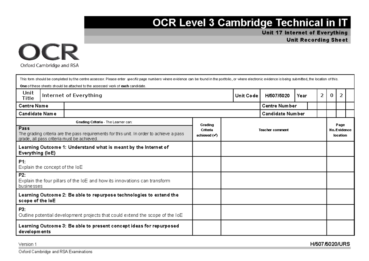 Unit 17 unit recording sheet internet of everything - Principles of ...