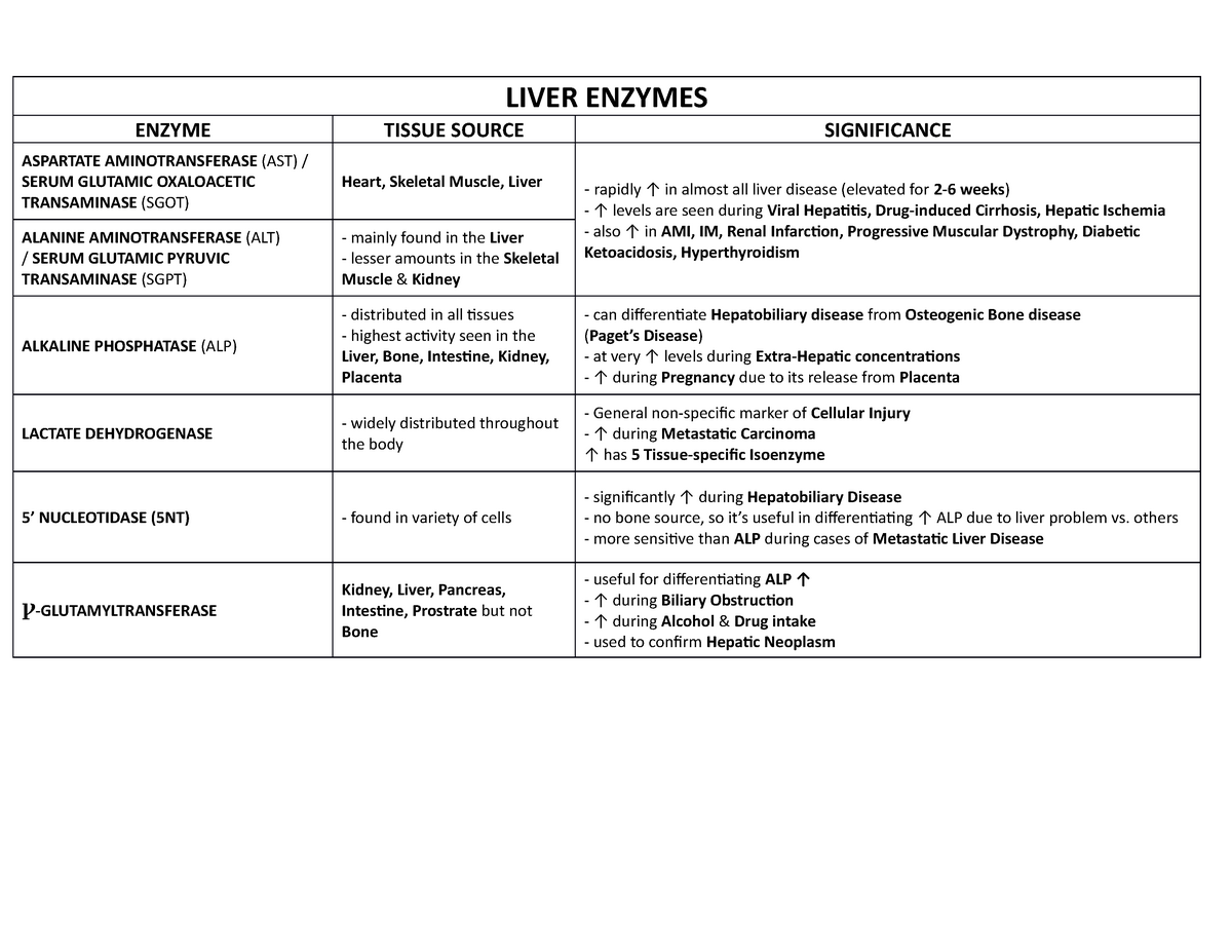 1 Liver Function Enzymes LIVER ENZYMES ENZYME TISSUE SOURCE 