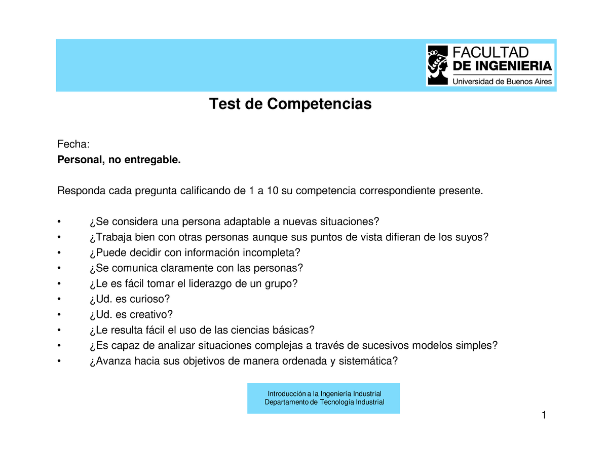 Fiuba Intro Clase 4 Rev1 - Test De Competencias Fecha: Personal, No ...