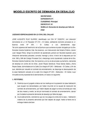 Modelo Escrito DE Demanda EN Desalojo - MODELO ESCRITO DE DEMANDA EN  DESALOJO SECRETARIO: EXPEDIENTE - Studocu