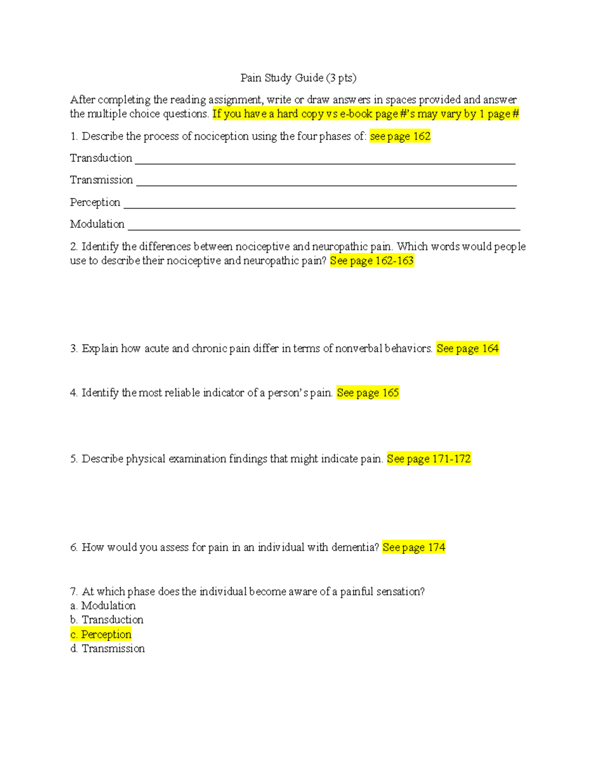 NUR2092 Chapter 11 Pain Activity answers 2022 - Pain Study Guide (3 pts ...