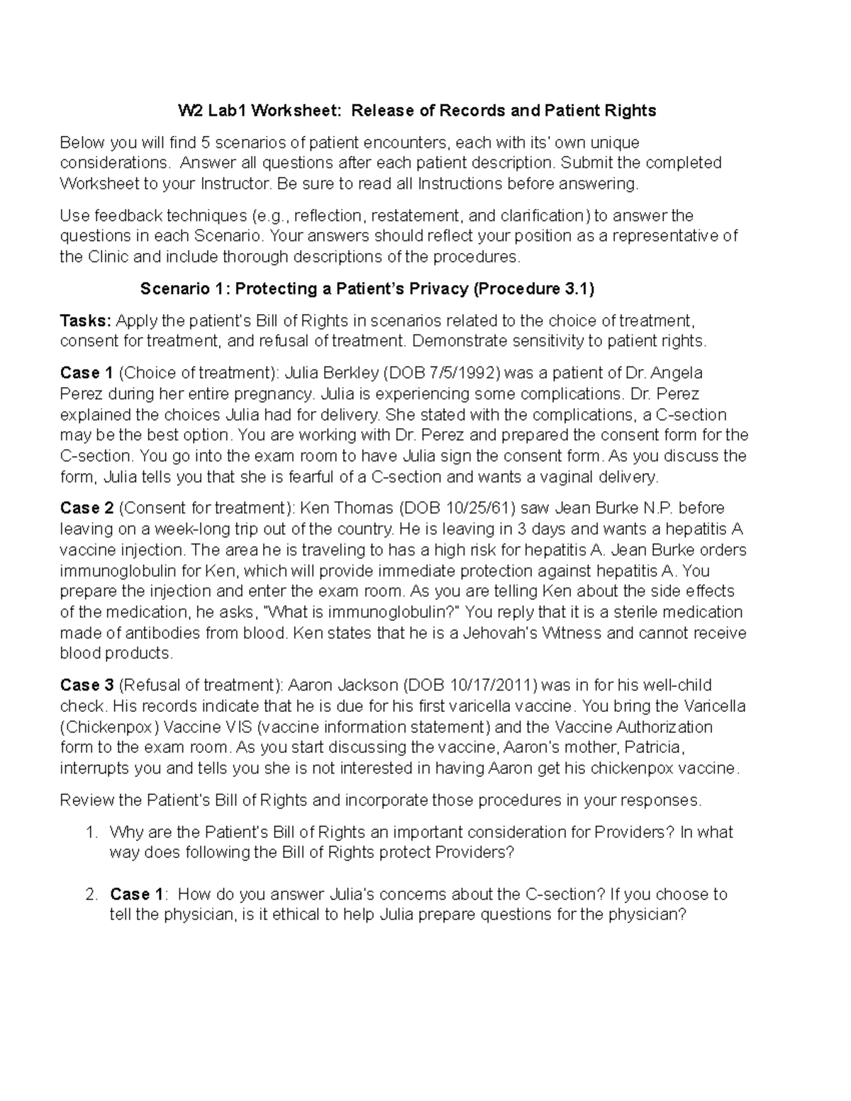 MOA110 W2 Lab - N/a - W2 Lab1 Worksheet: Release Of Records And Patient ...