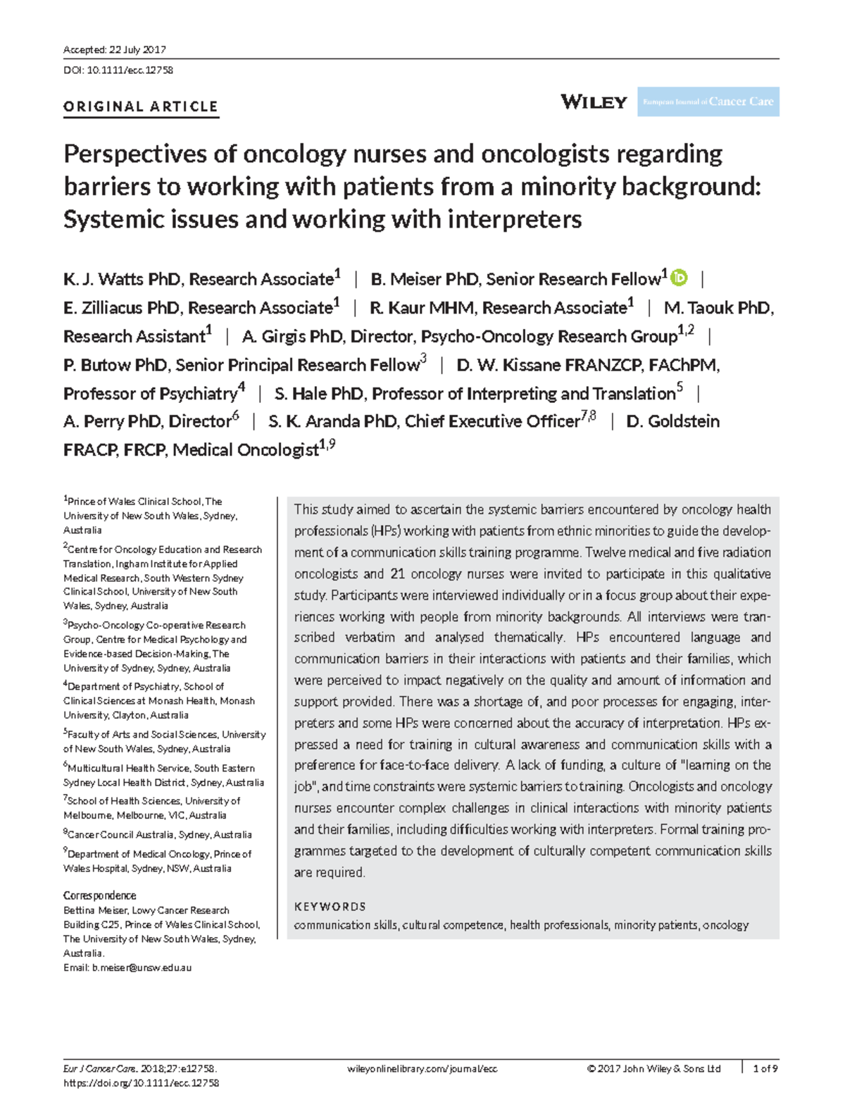 Watts vnvkfnvcl Eur J Cancer Care. 2018;27e12758