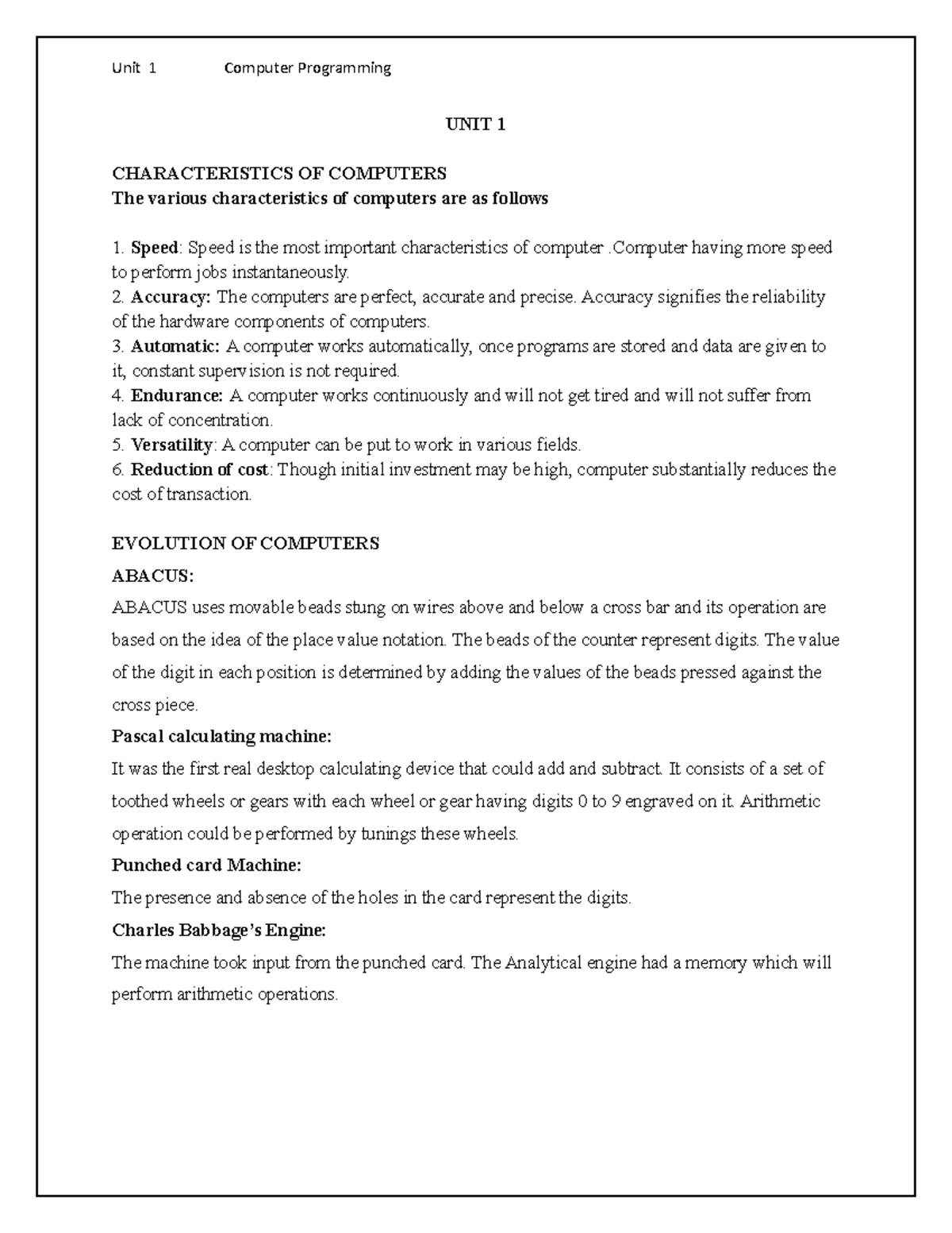CS notes - Unit 1 Computer Programming UNIT 1 CHARACTERISTICS OF ...